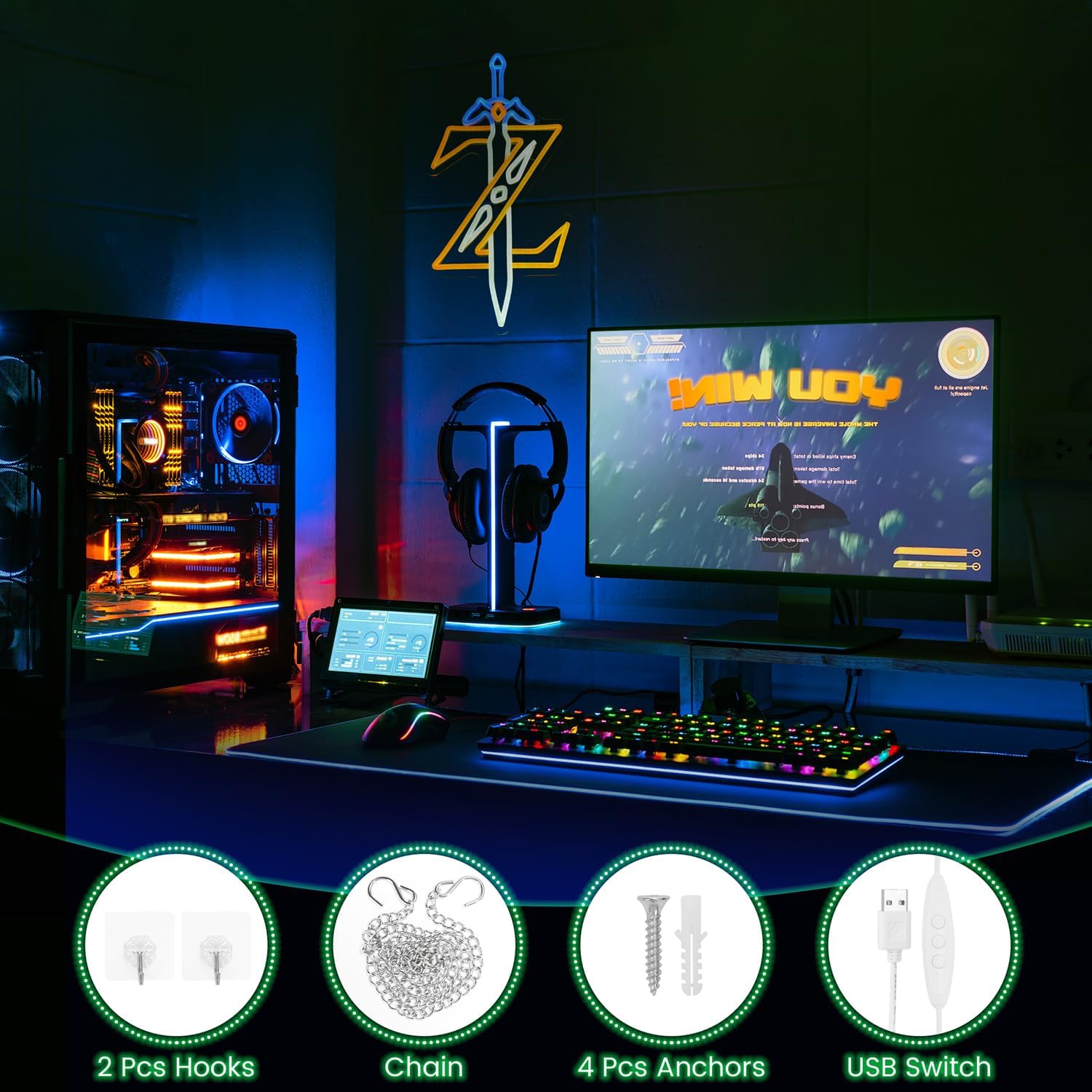 Sword Neon Sign - Legend of Wall Hanging Neon Sign - Blue and Orange LED Lighted Gaming Decor - Sword LED Neon Sign - 17.7 * 8.9 inches - Gamer Gift and Room Decoration, Blue,Orange,White