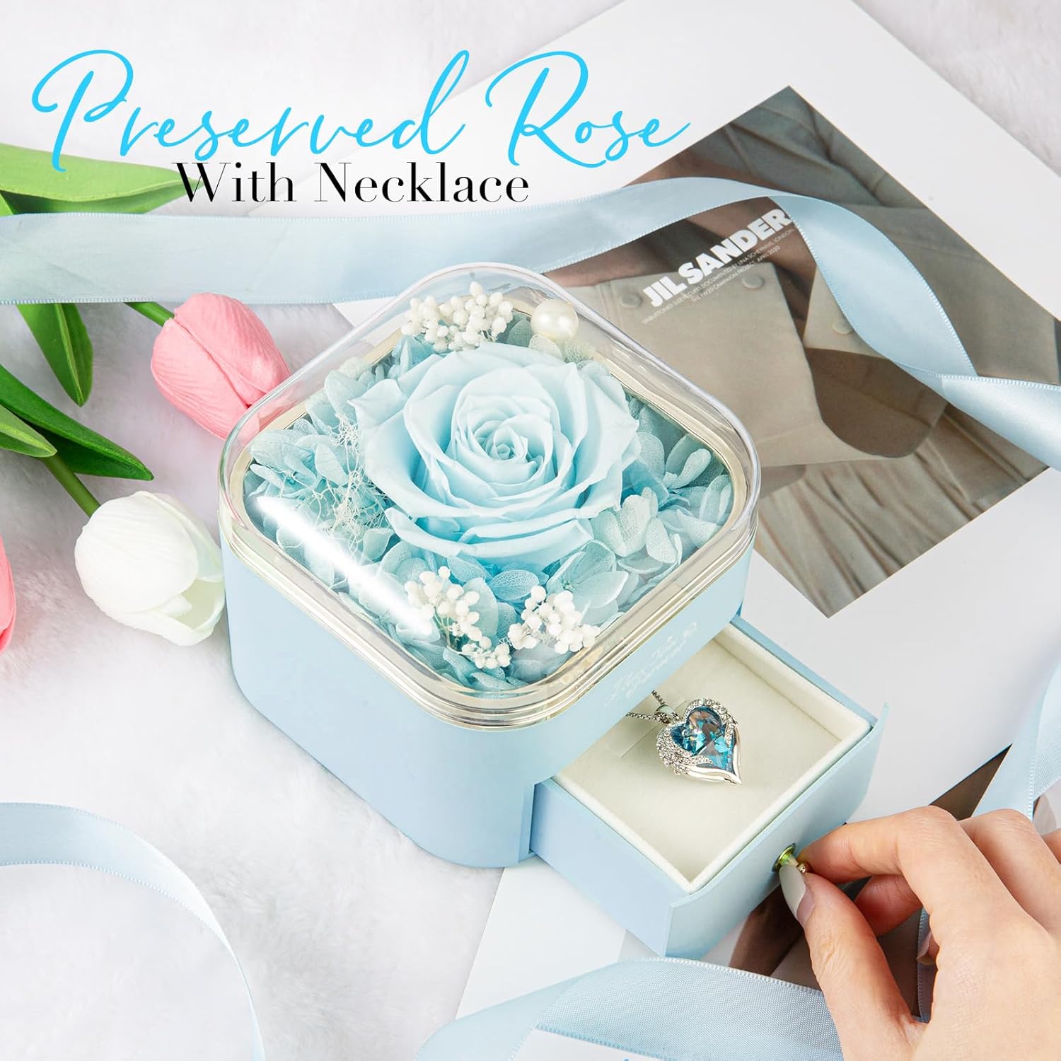 Preserved Real Light Blue Rose with Angle Wings Necklace, Forever Flowers Gifts for Mom Grandma Wife Girlfriend at Christmas Valentines, Anniversary Birthday Gifts for Women, I Love You Gifts for Her - Image 3