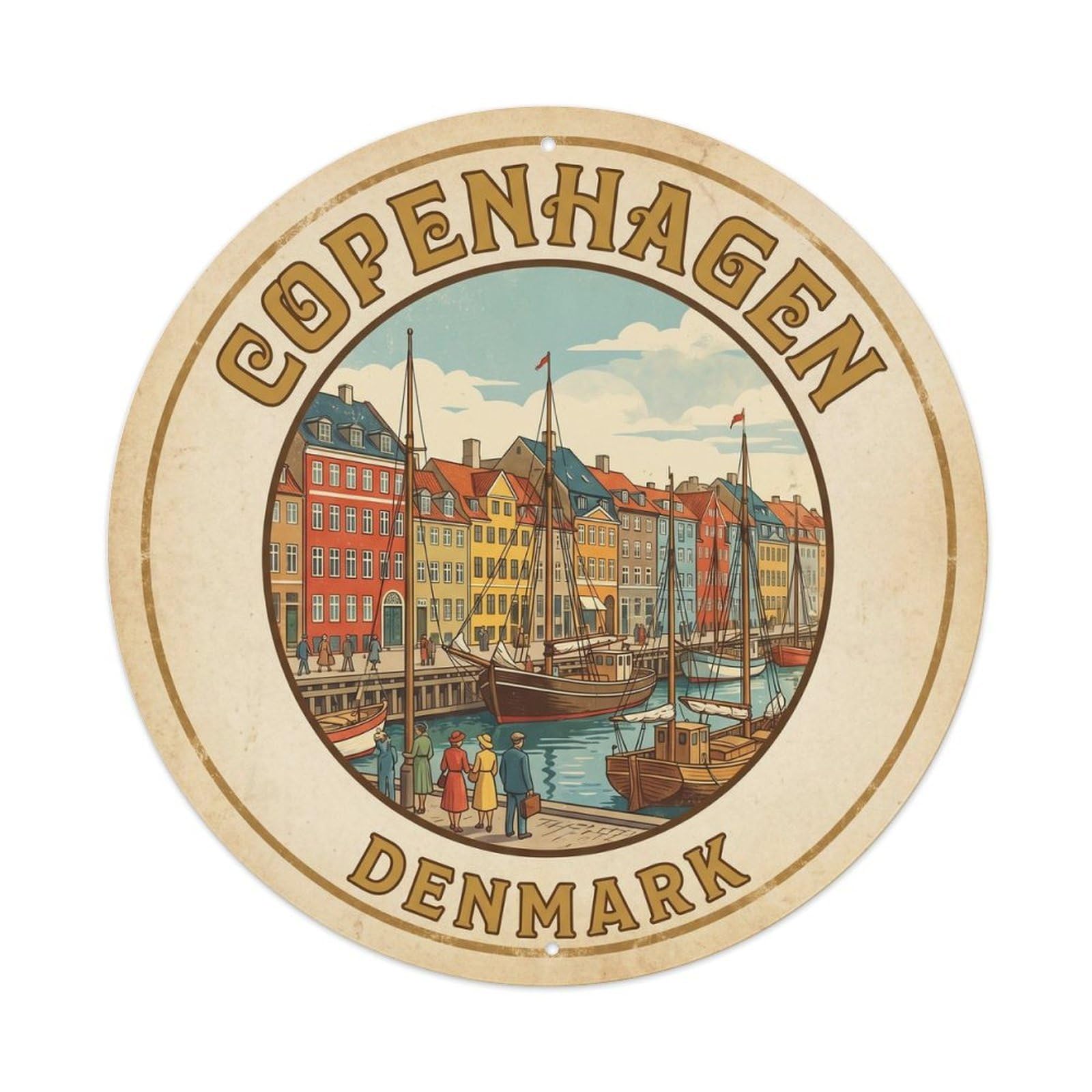 Vintage Travel Denmark Copenhagen Circle Vintage Metal Tin Sign Plaque Wall Decor for Cafe, Club Bar, Office, Garden Metal Poster 8x8Inch
