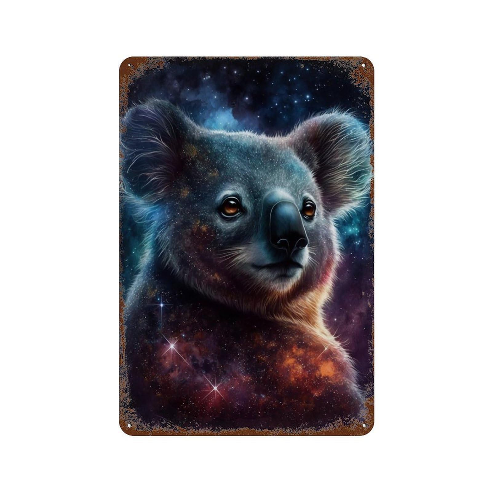 Rust Effect Cosmic Koala Art Print-6 Distressed Metal Wall Sign 11.8"x7.9", Shabby Chic Decor for Pub, Kitchen And Man Cave Decor