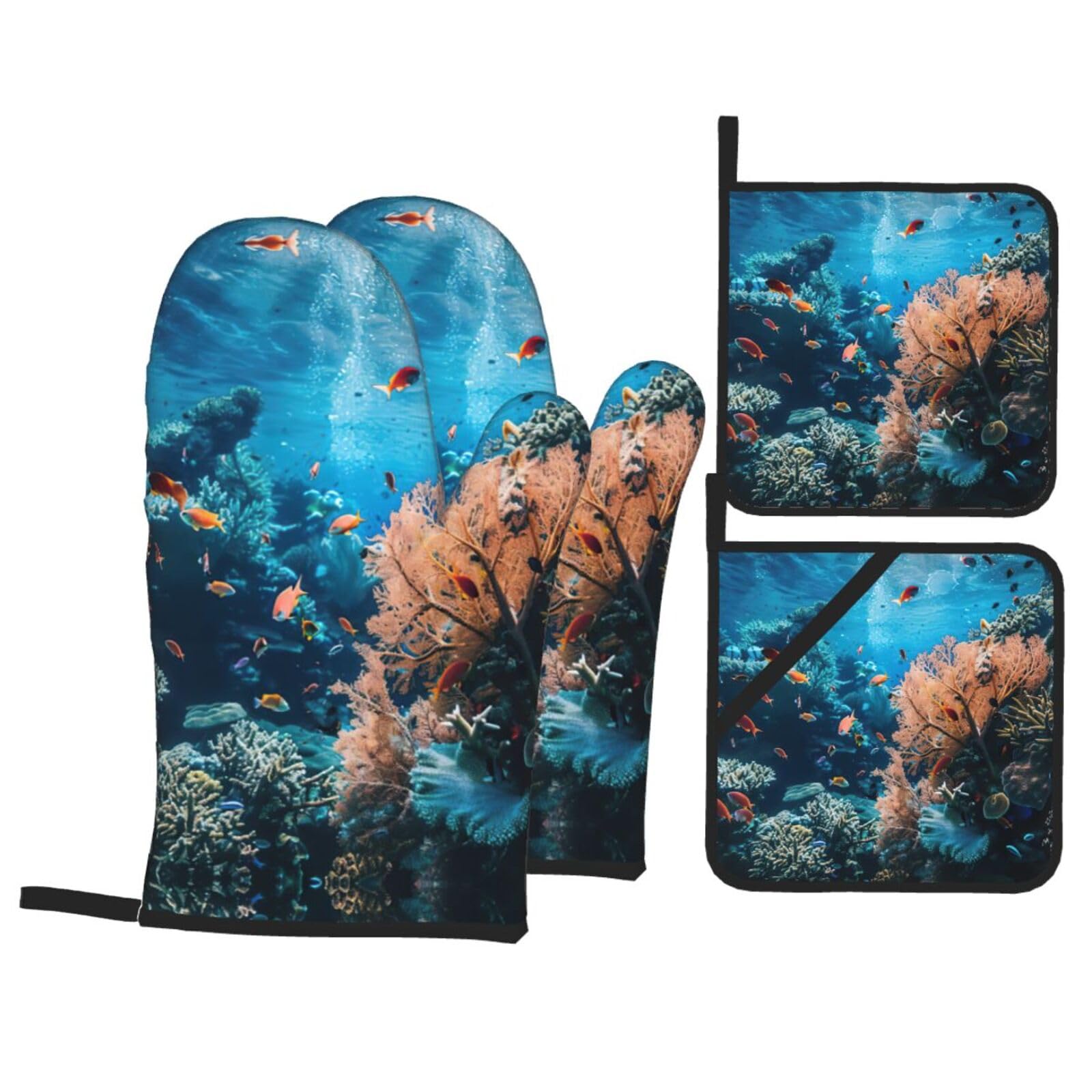 Coral Reef Print Stylish 4-Piece Microwaving Oven Waterproof Kitchen Gloves Baking Holiday Cooking