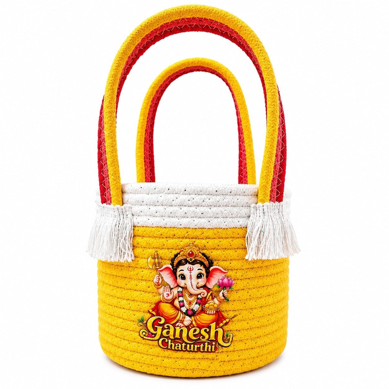 Ganesh Chaturthi Return Gift Bags for Guests, Ganpati Bappa Printed GiftBags with Rope Handles & Decorative Tassels, Multicolour Reusable Pooja Gift Bags for Festival Celebrations