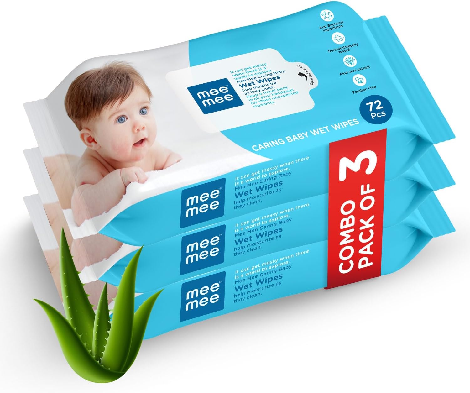 Mee Mee Baby Gentle Wet Wipes with Aloe Vera Extracts, 72 Wipes per Pack, Pack of 3, Soft & Gentle Cleansing for Babies