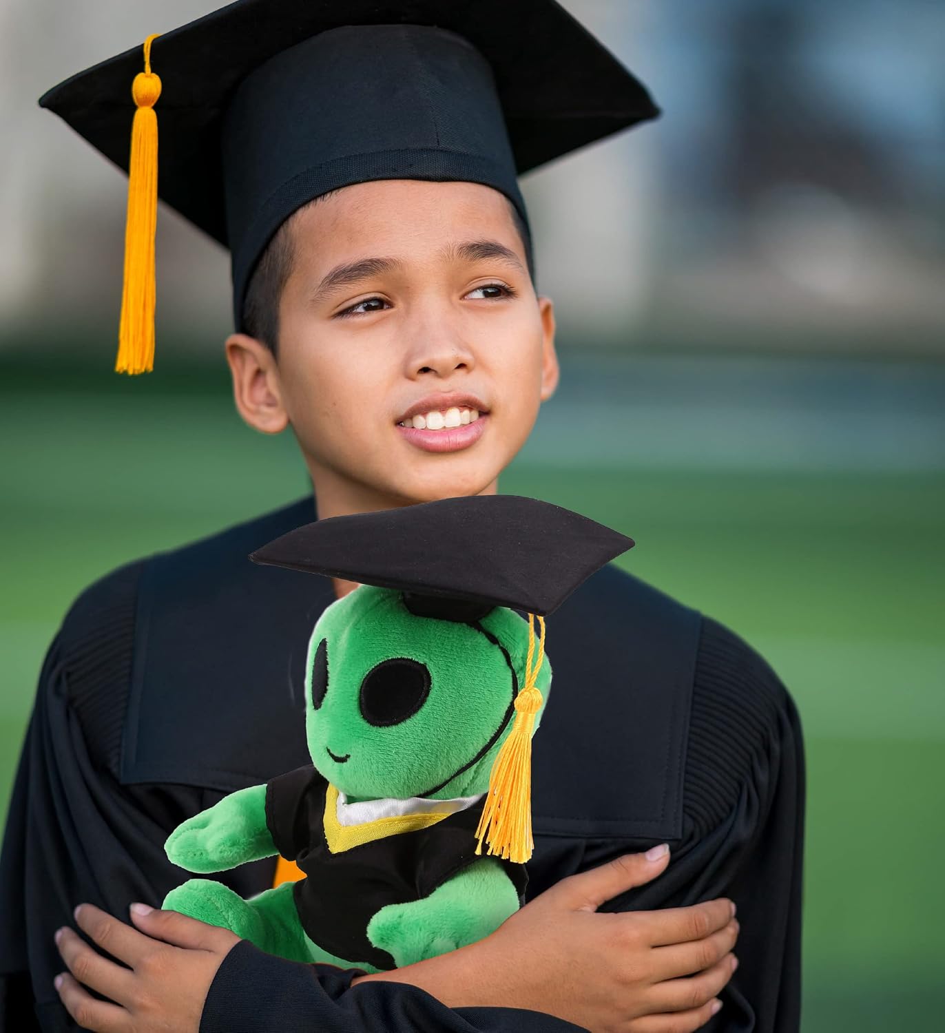 DolliBu Green Alien Graduation Plush Toy - Super Soft Graduation Stuffed Animal Dress Up with Gown and Cap with Tassel Outfit - Gift with Personalization - 6 Inches