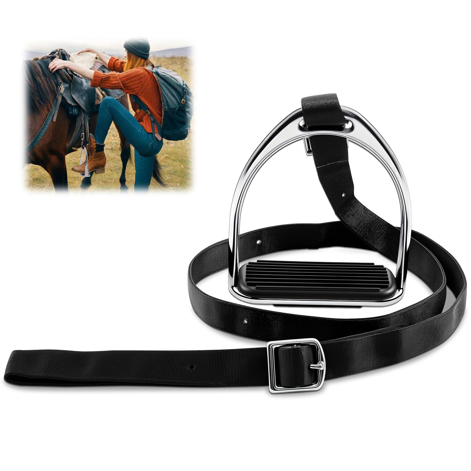 Otoolling Stirrup Mounting Aid for Hose Riding 37"-50" Adjustable Size Equestrian Step up Stirrup for Saddle Western with Nylon Strap Rubber Anti-Slip Pad Kid Horse Tack No Mounting Block