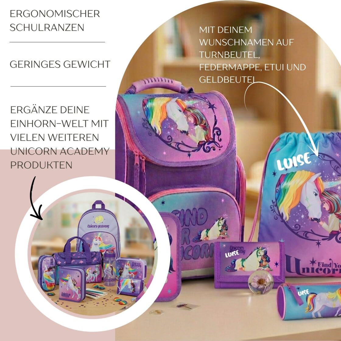 Undercover Juego de mochila escolar de 1ª clase, contenido personalizado con nombre, mochila escolar para niños y niñas, escuela primaria, unicornio de la Academia Unicorn