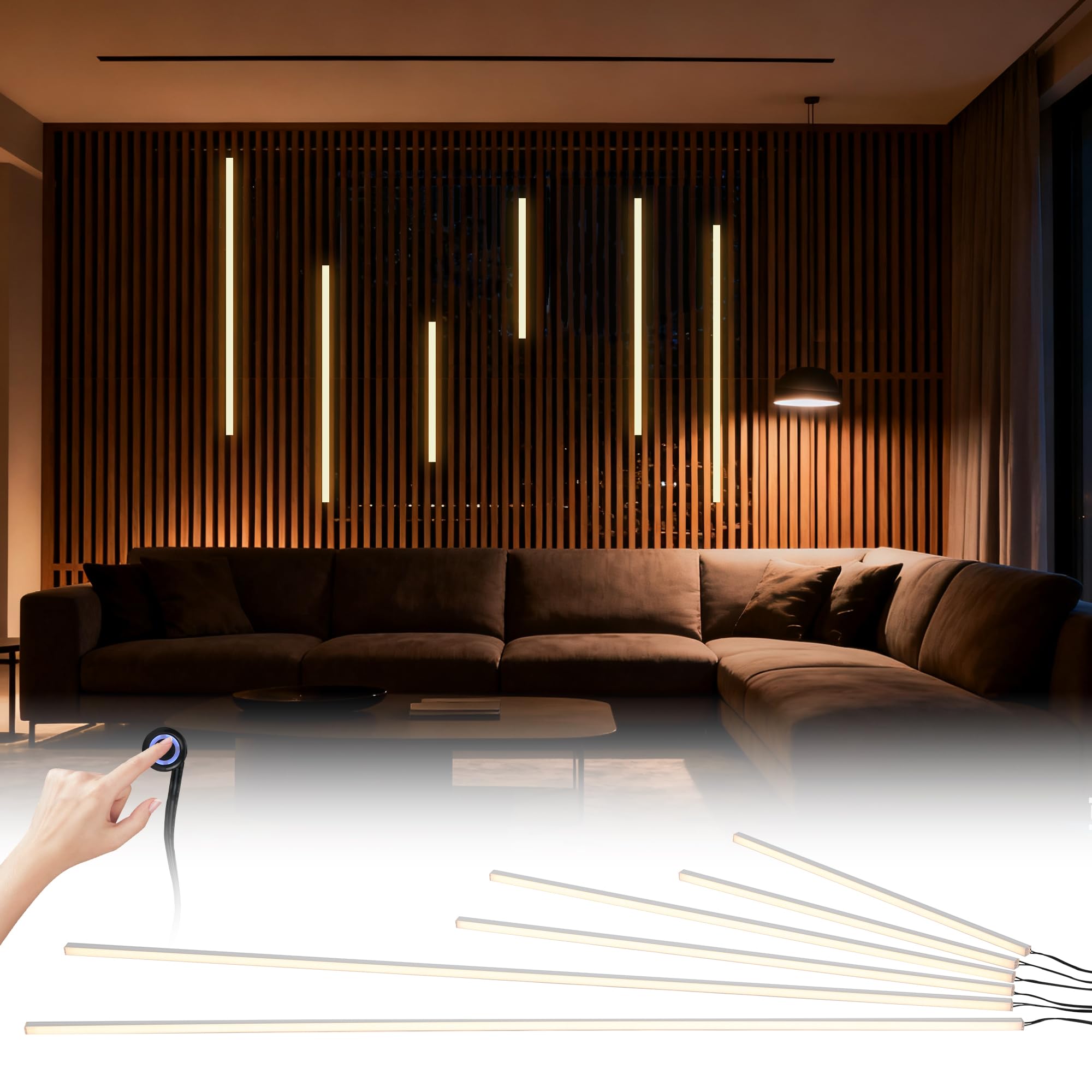 LED Recessed Lighting Kit for Wall Panels, 6pcs Adhesive Wall Panel Lights for Interior Decor, 3000K Dimmable Touch Switch Lamp for Wood Slat, Acoustic Panels, Kitchen, Stair, Home Use