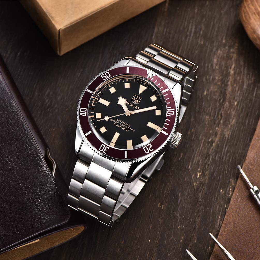 BENYAR 5179 Orologio Meccanico Automatico da Uomo Rotante Lunetta in Alluminio Cinturino in Acciaio Inox Impermeabile Luminoso Casual Orologi a Carica Automatica
