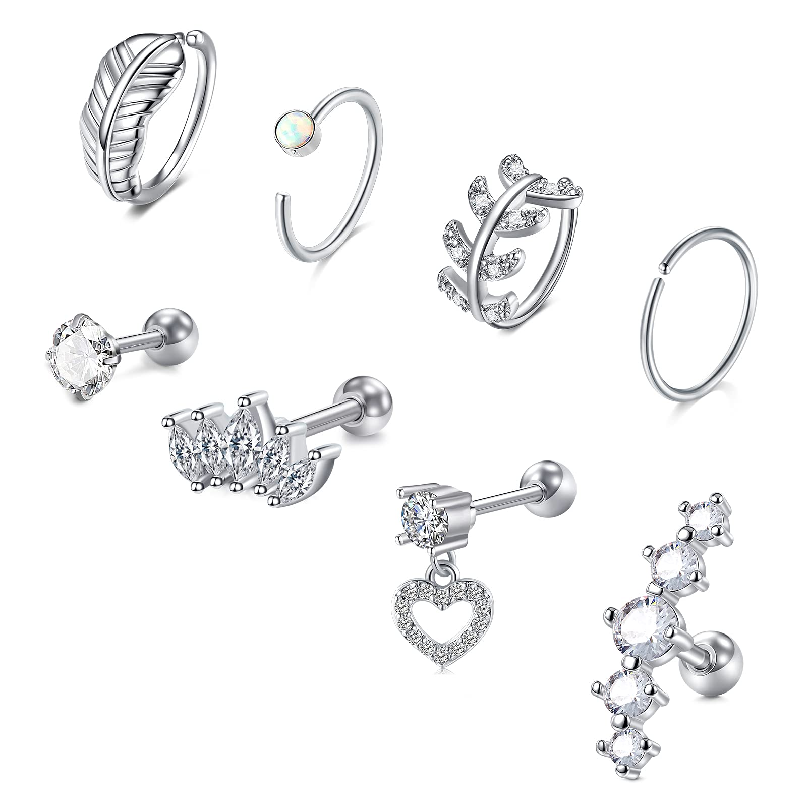 VFUN Piercing Oreja Helix Acero Inoxidable Hoja Piercing Conch Aros Corazón Diamante CZ Piercing Tragus para Mujeres Joyas para Las Orejas