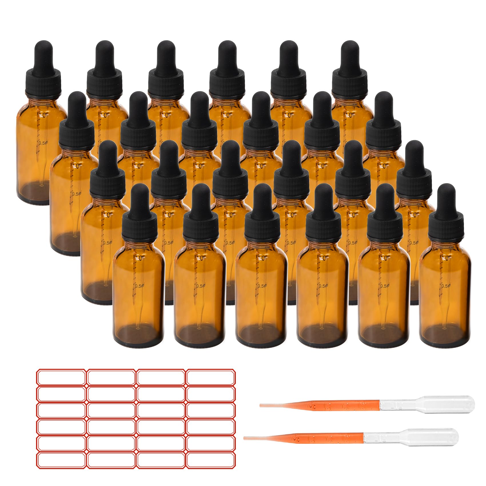 ALWSCI 24 pezzi Bottigliette per Oli Essenziali, Bottiglie 30 mL con Pipetta Marrone Bottiglie Contagocce Vetro per Laboratorio, Olio Essenziale, Aromaterapia
