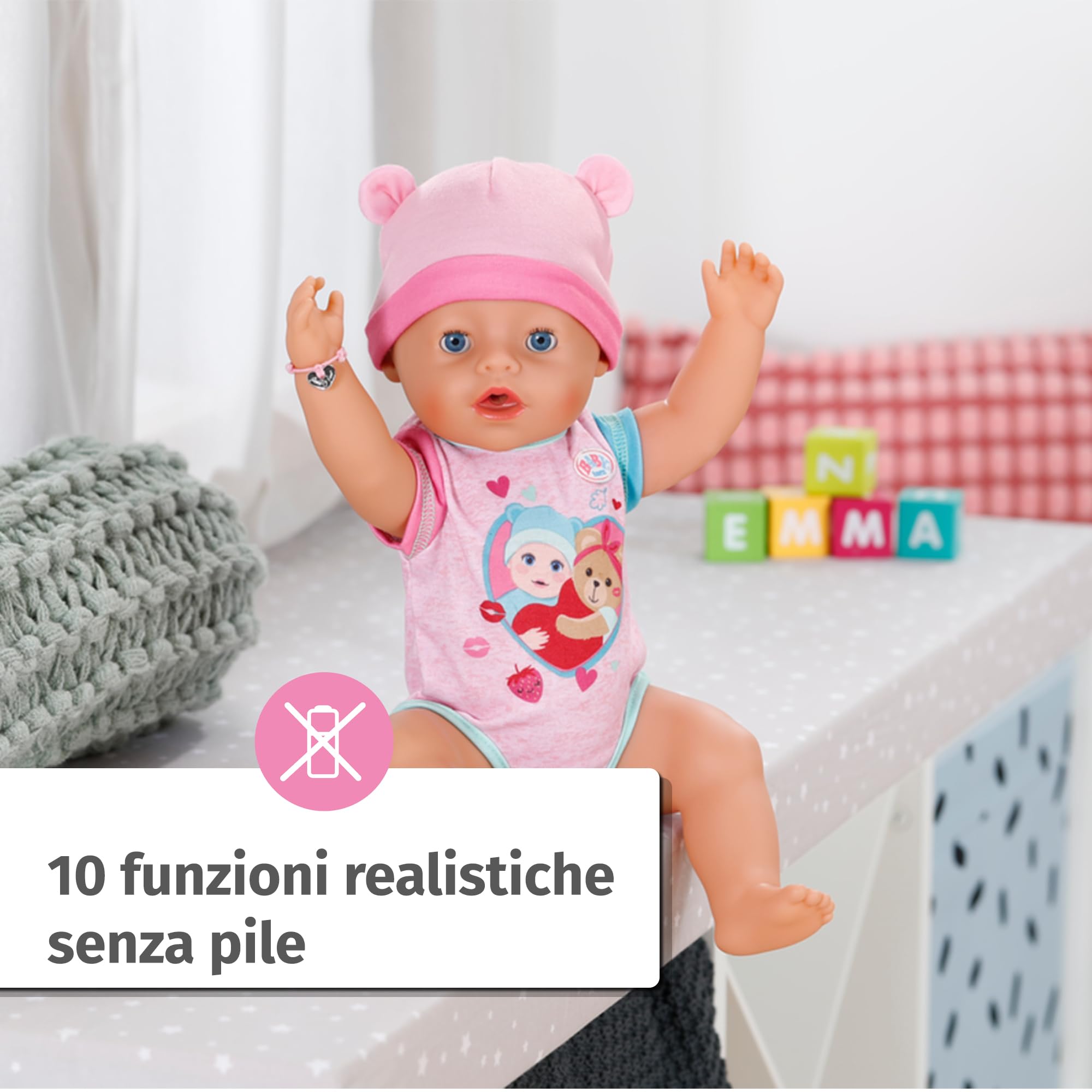 BABY born Emma - Bambola alta 43 cm - 10 funzioni con accessori e tutina - Funziona completamente senza batterie - Adatto per bambini a partire dai 3 anni di età