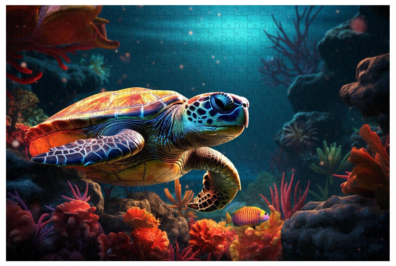 Puzzle 1000 Pezzi Per Adulti - Mondo Sottomarino Con Tartaruga E Coralli - 71x50 Cm Con Poster