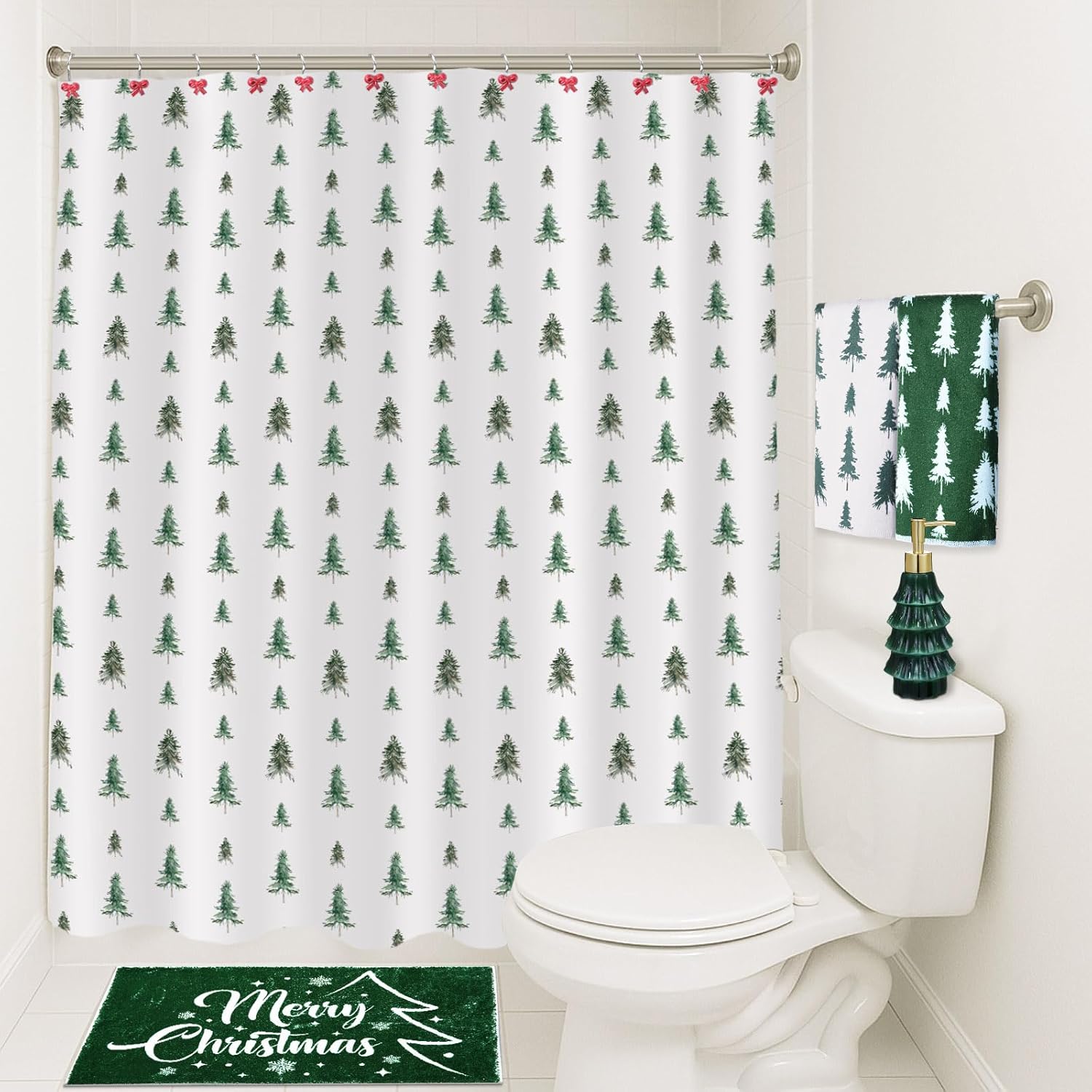 17 Pcs Christmas Bathroom Accessories Set Christmas Tree Shower Curtain with 12 Hooks Bath Mat Rug Non Slip Soap and Lotion Dispenser 2 Towels for Holiday Decorations Merry Xmas Gifts