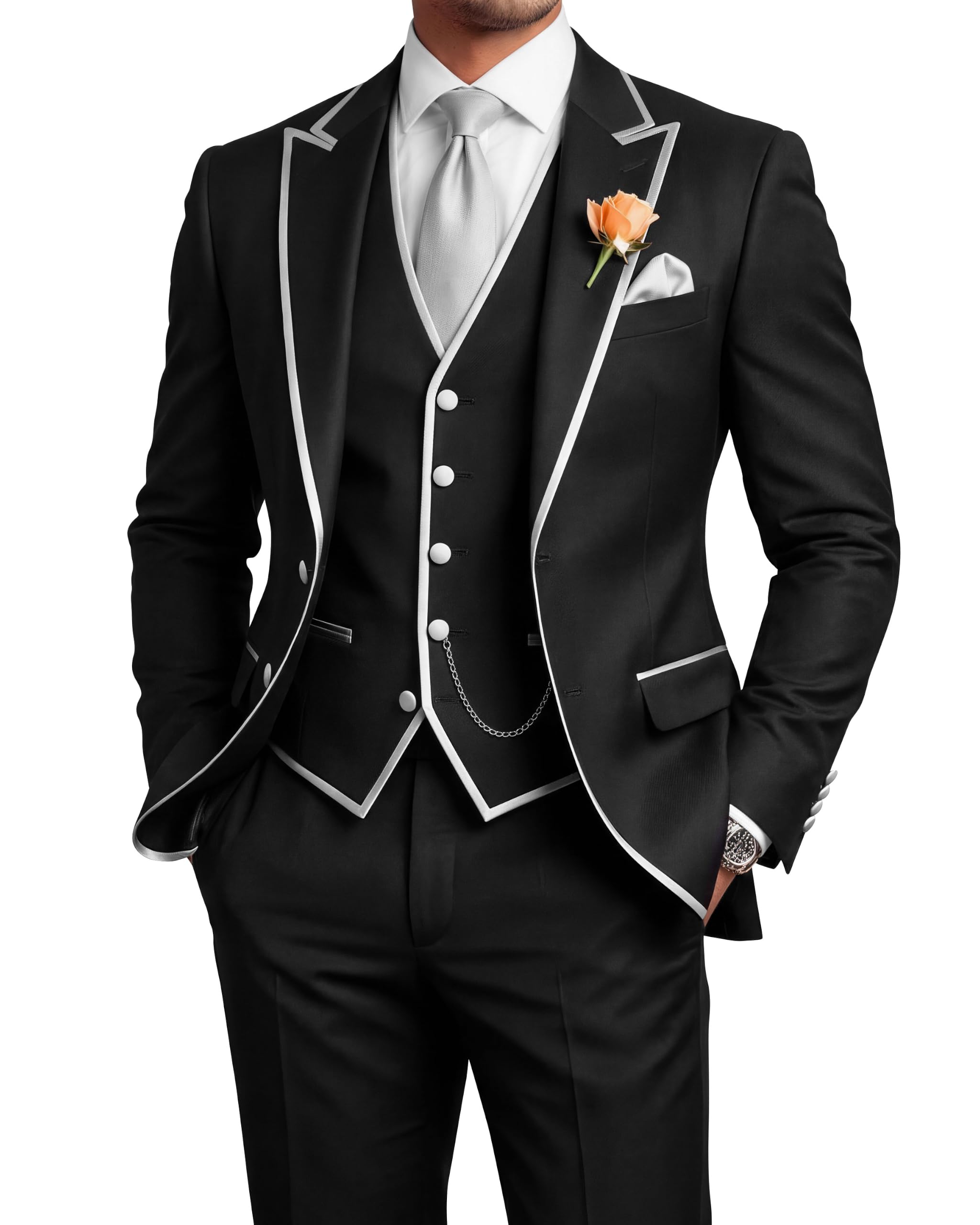 Men's 3 Piece Tuxedo for Men Slim Fit Black Wedding Suits for Groom Groomsman Prom Graduation Jacket Vest Pants