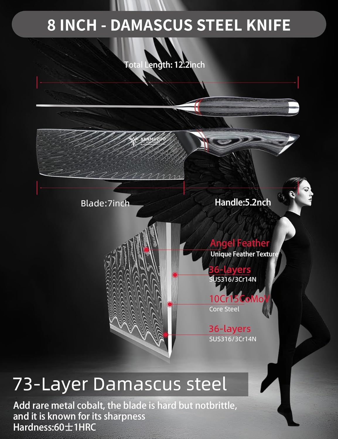 Japanese 7" Nakiri Knife - Professional Kitchen Knives - Japanese Usuba Knife - Black Damascus Steel with Ergonomic Handle - MIAO Series