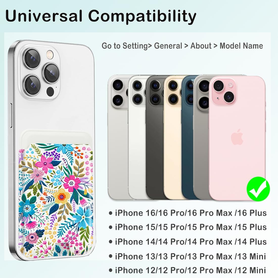 for Magsafe Wallet, Magnetic Wallet Card Holder for iPhone 17/Air/16/16e/15/14/13/12 Pro/Max/Plus/Mini Case, Strong Magnet Phone Pocket Cute Design Credit Card Fit 3 Cards, Flowers - Image 2