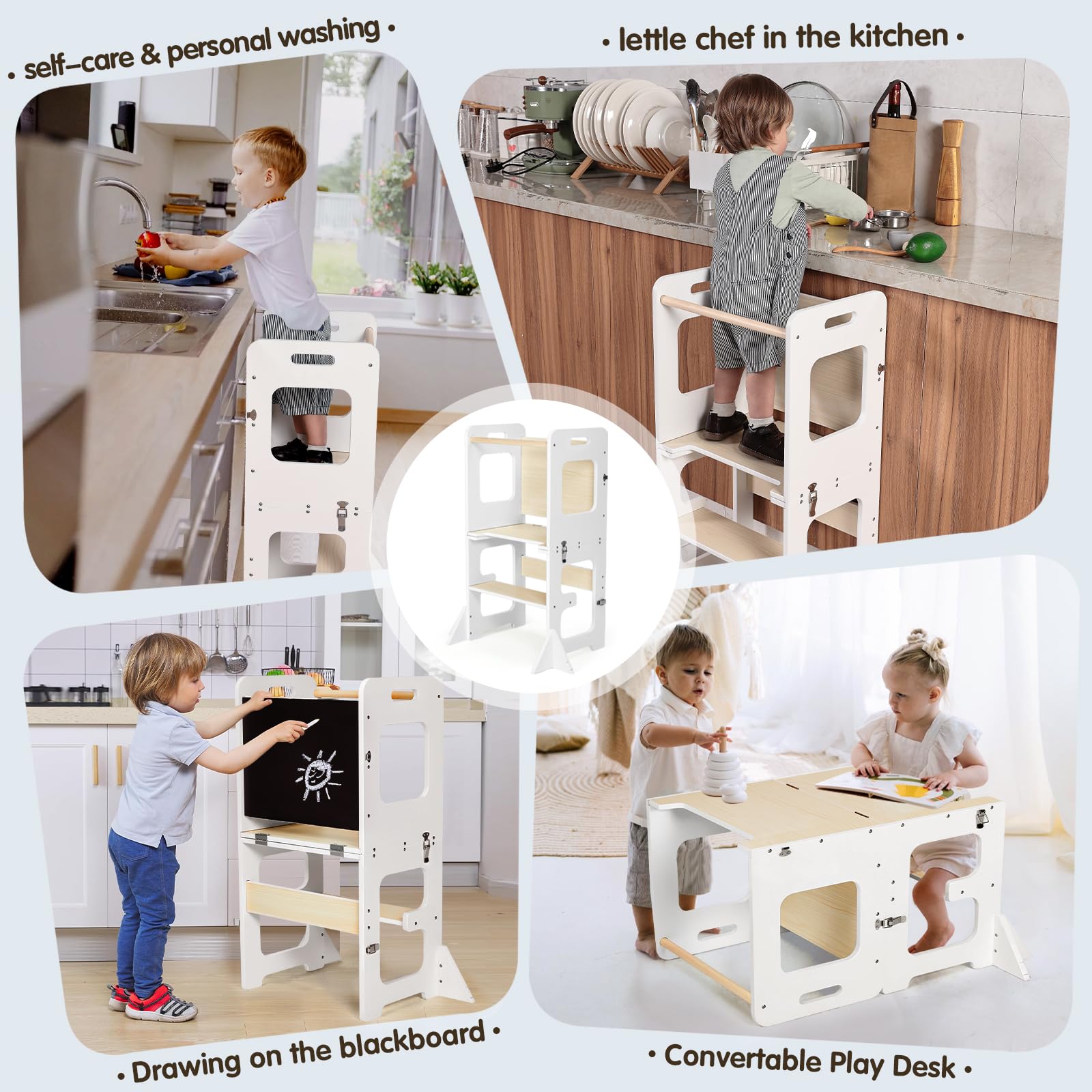Labebe Lernturm ab 1 Jahr, Montessori Learning Tower mit Tafel, 3 in 1 Multifunktion Lernturm Klappbar, Umkippschutz Farbblockiertes Tritthocker Kinder-Weiß&Holz