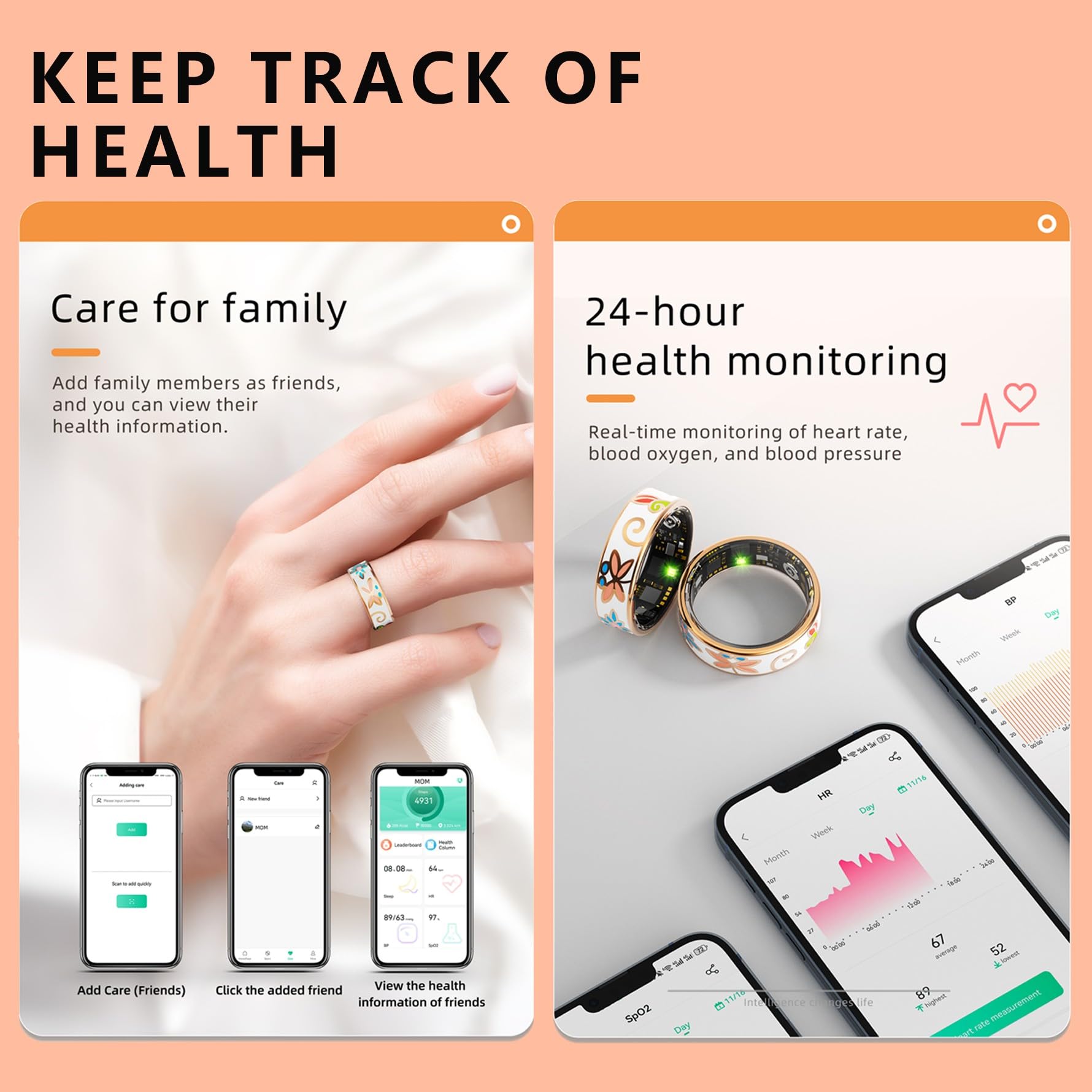 Anillo inteligente para mujeres y hombres, rastreador de fitness con frecuencia cardíaca, oxígeno en sangre, presión arterial, monitoreo del sueño, contador de pasos, impermeable IP68 para