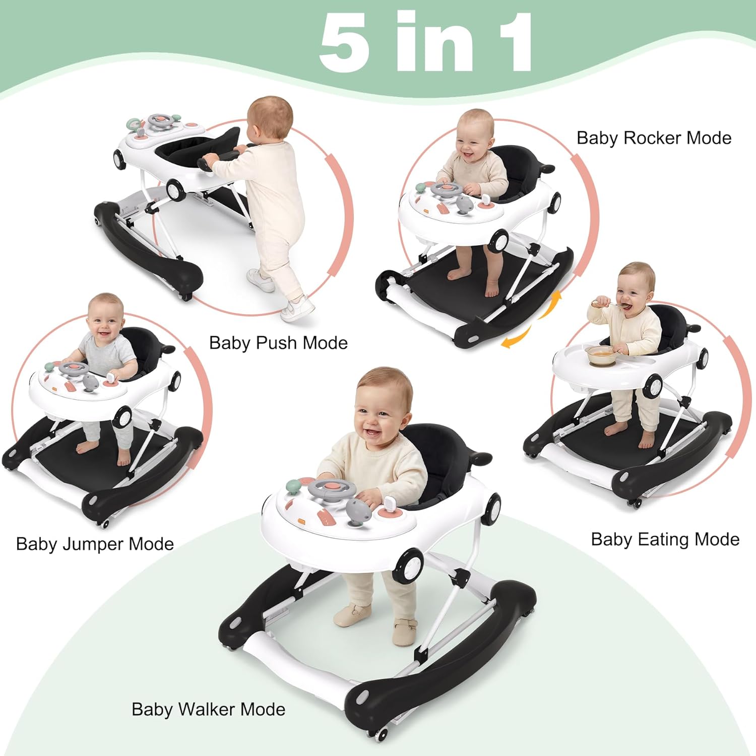 5-in-1 Convertible Baby Walker with Steering Wheel Music Activity Center – Infant Rocker, Jumper, Push Walker, Bouncer & Feeding Foldable Walker for Ages 6-18 Months Boys Girls (Black)