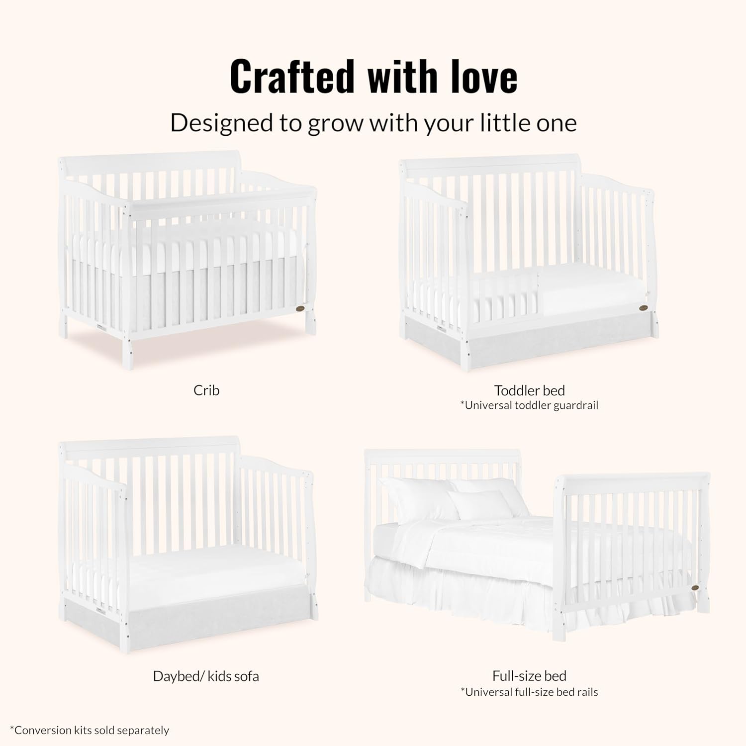 Dream On Me Ashton 4-in-1 Convertible Full-Size Baby Crib, White, GreenGuard Gold & JPMA, Sustainable Pinewood, 4 Mattress Heights, Converts to Toddler, Day & Full-Size Bed