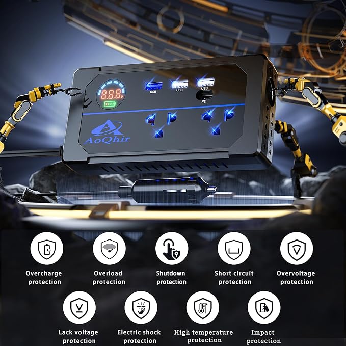 Inversor de Corriente para Auto 200W DC12V a AC100V con USB QC3.0 y TYP-C miniatura 8