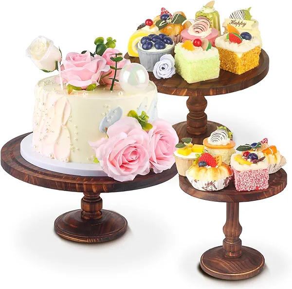 Wisreach Set of 3 Rustic Wooden Cake Stands – Farmhouse Cupcake Pedestal Display for Weddings, Birthdays, Desserts & Parties – Tiered Serving Trays for Cakes, Snacks & Decor