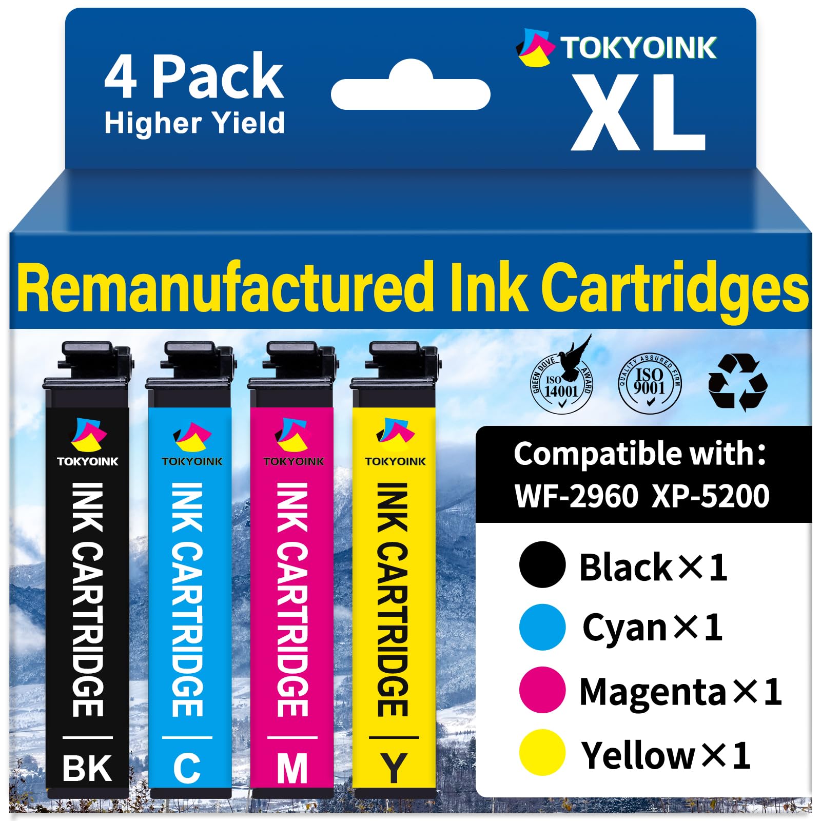 Photo 1 of TOKYOINK Remanufactured Ink Cartridge Replacement for 222XL Ink Cartridges Combo Pack Works for WF-2960, XP-5200 Printer (Black, Cyan, Magenta, Yellow Multipack Pack)