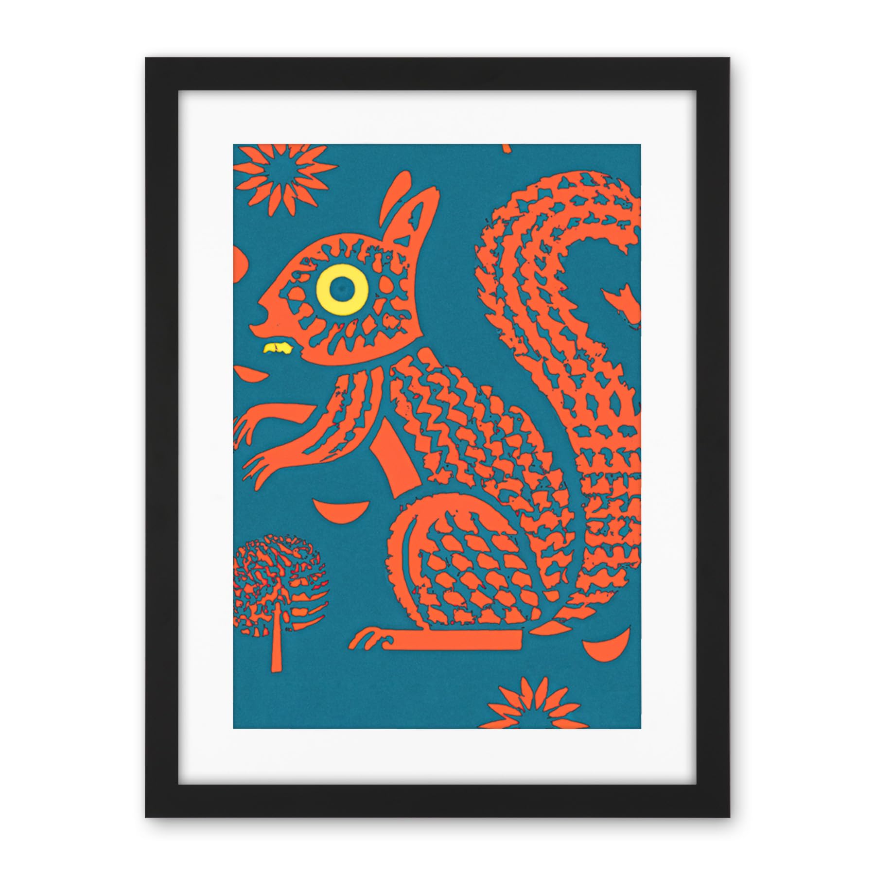 Artery8 Squirrel Colour Block Modern Folk Art Linocut Artwork Framed Wall Art Print 18X24 Inch