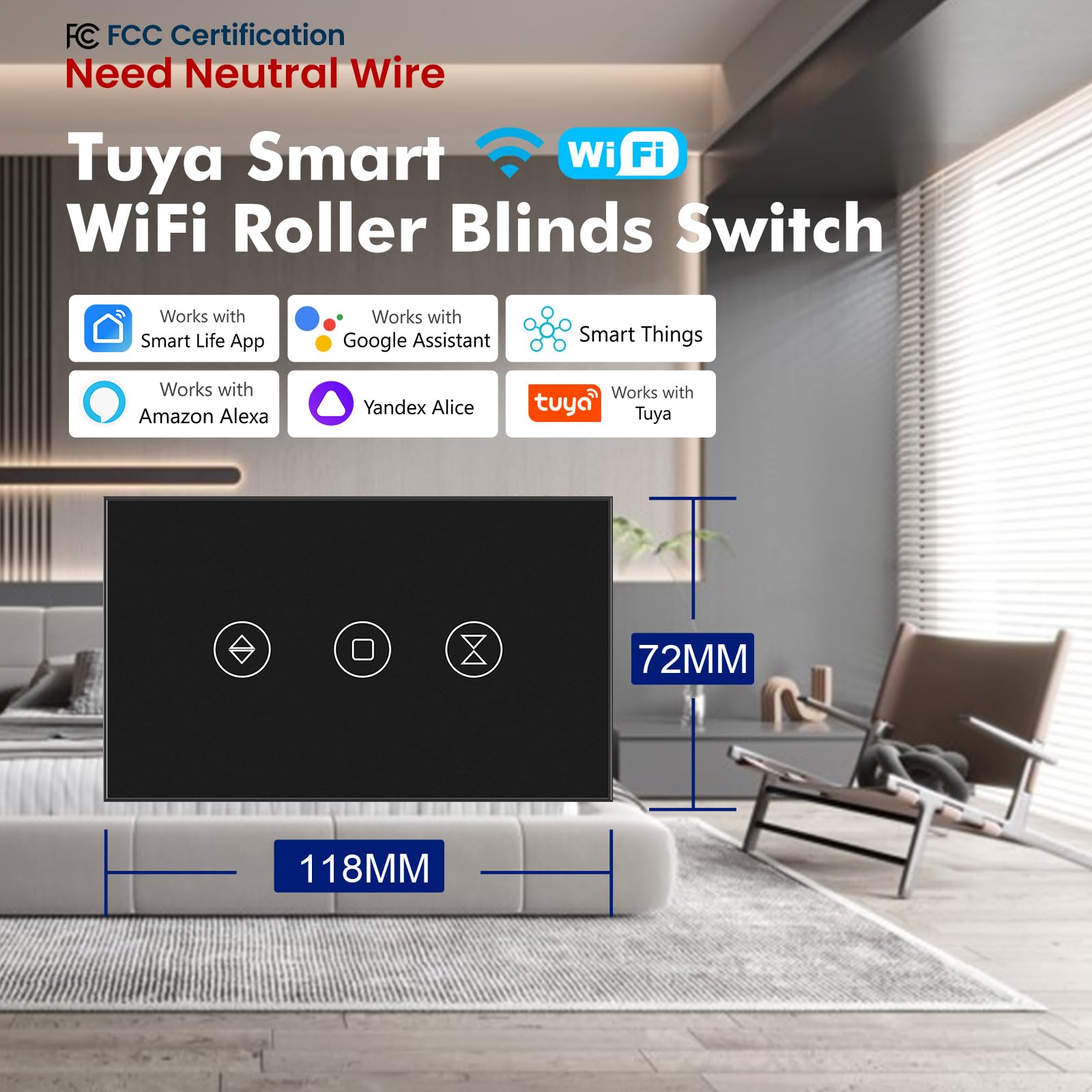 Smart Rolladenschalter Neutraldraht Erforderlich, 2,4 GHz WiFi Rolladenschalter mit Fernbedienung Sprachsteuerung, gehärtetes Glasscheibe, Arbeit mit Alexa und Google Home, schwarzer