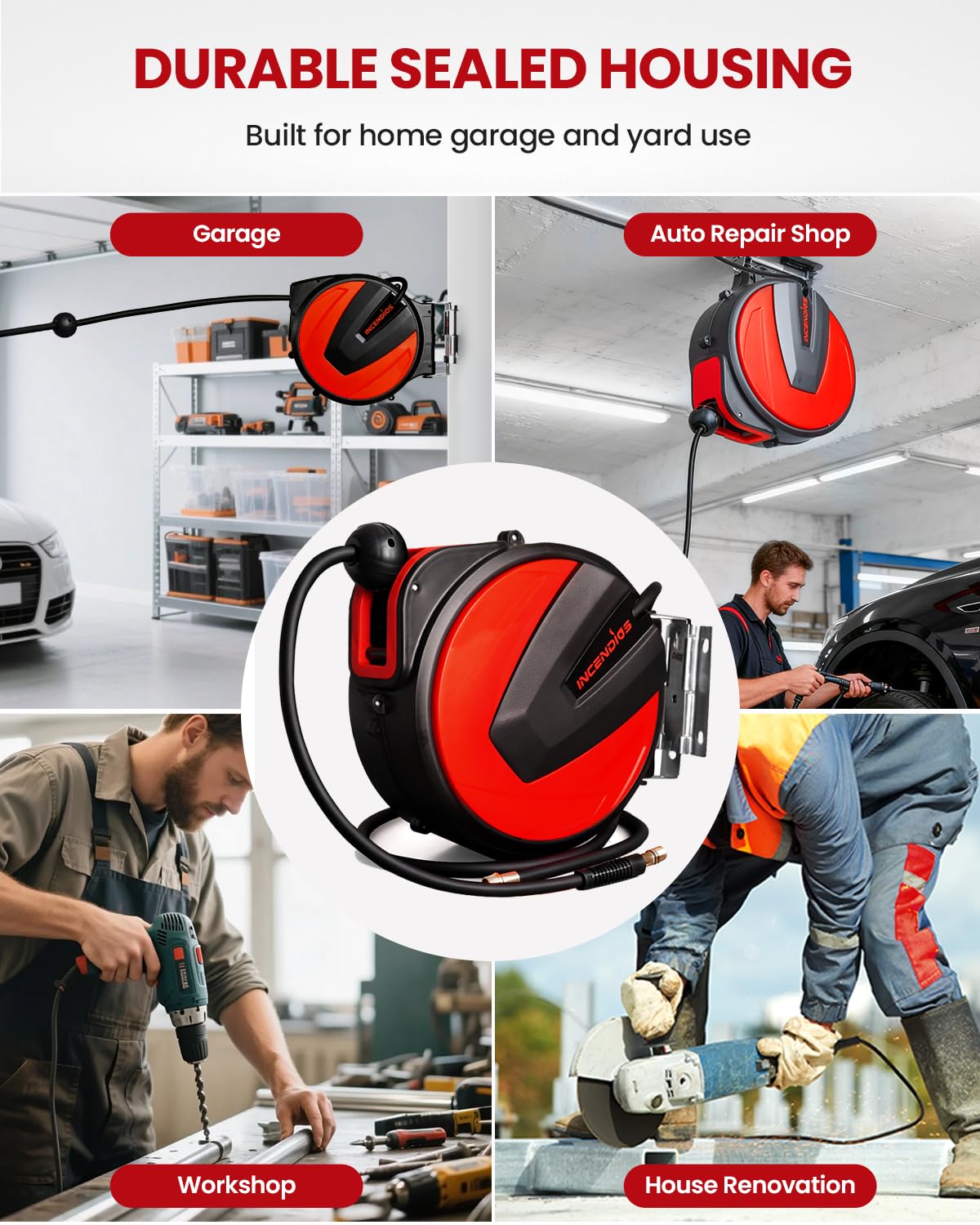 INCENDIOS Enrouleur de Tuyau d'Air 15 m, Raccord 3/8" BSP, 20 BAR, Dévidoir de Tuyau Air Comprimé Automatique avec 2 m de Tuyau d’Alimentation, Support Mural Pivotant 180°, pour Garage & Atelier
