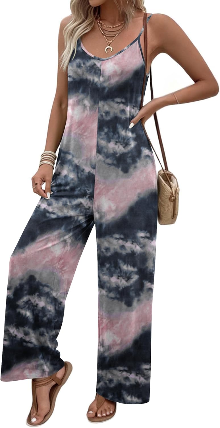 Ekouaer Women Jumpsuits Casual Boho Overalls Sleeveless Spaghetti Strap Long Pants Romper with Pockets