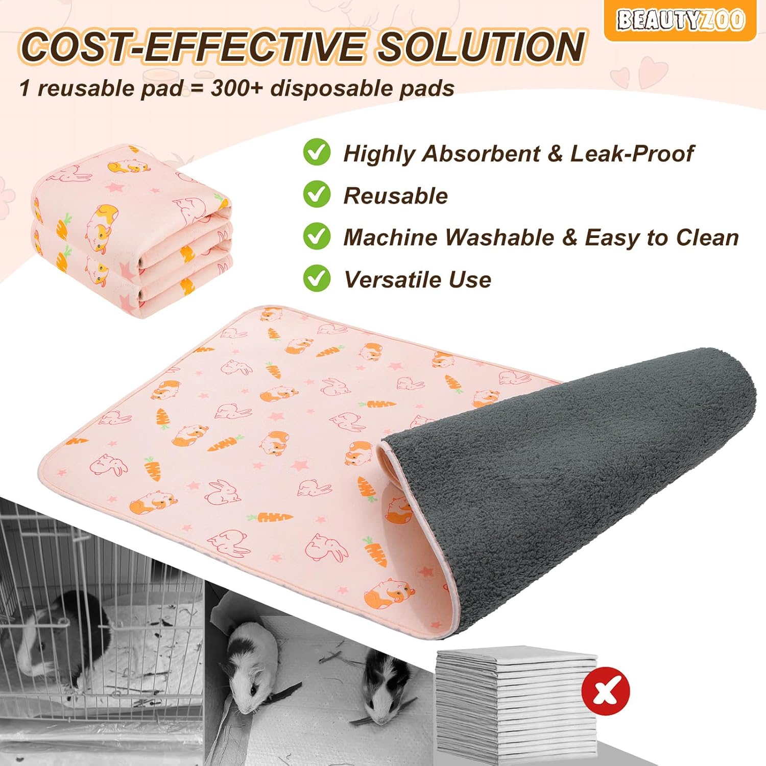 BEAUTYZOO 2 Pack Guinea Pig Cage Liners, Washable Reversible Fleece Guinea Pig Bedding, Waterproof Super Absorbent Pee Pads for Small Animals Rabbit - 24" x 47" Pink