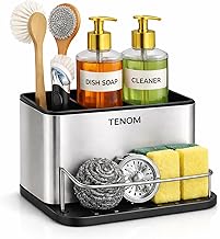 Tenom Kitchen Sink Organiser, Sponge Holder & Dishwashing Liquid Rack, Stainless Steel Rust Proof Dishwasher Safe Space Saving Sink Organizer (Without Dispenser Pump)