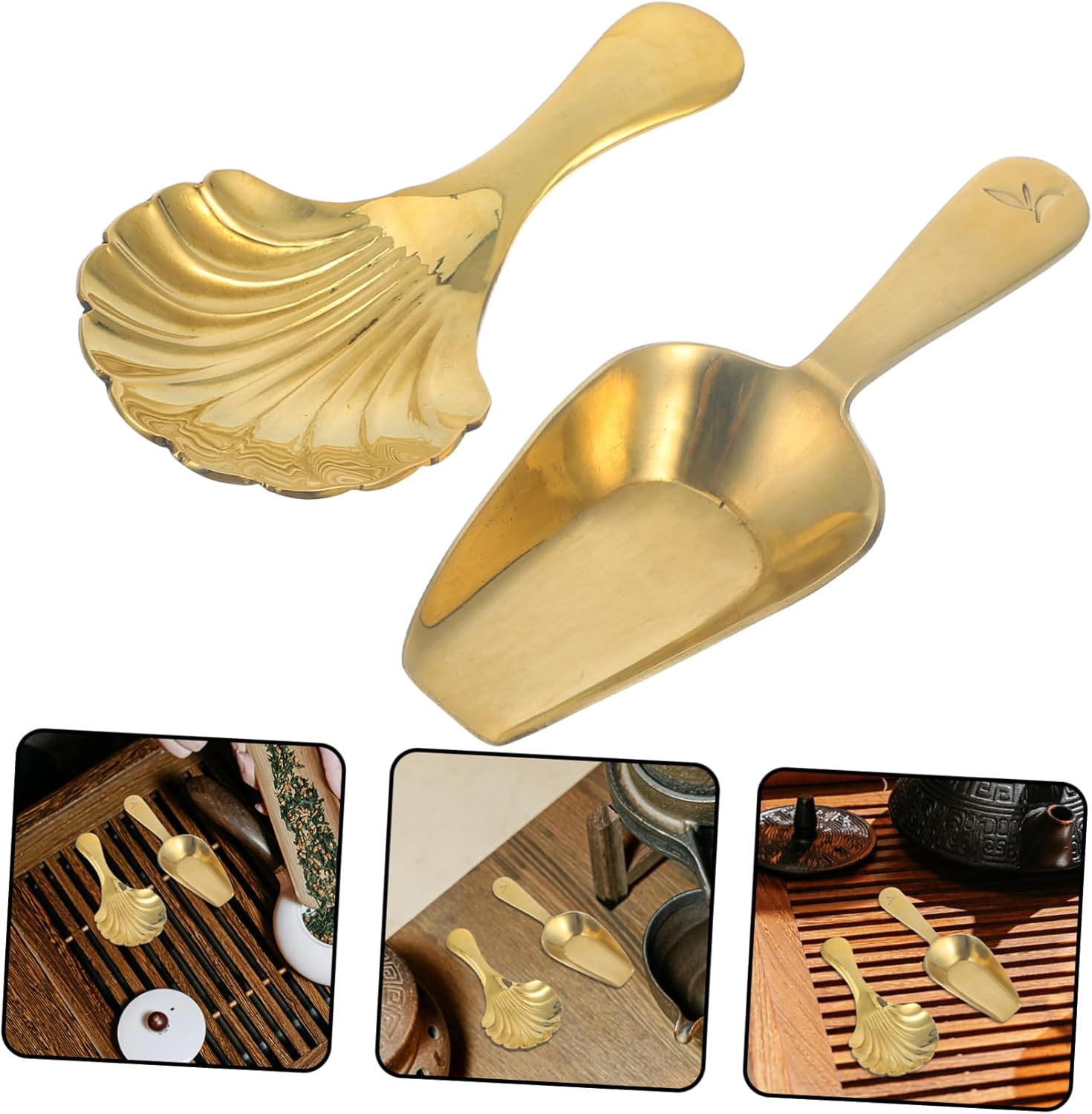 2pcs Brass Mini Scoop Set Short Handle Shell Spoons Small Canister Jar Scoops Gold Candy Utility Scoops for Salt Sugar Condiments Coffee Tea Dessert Flour