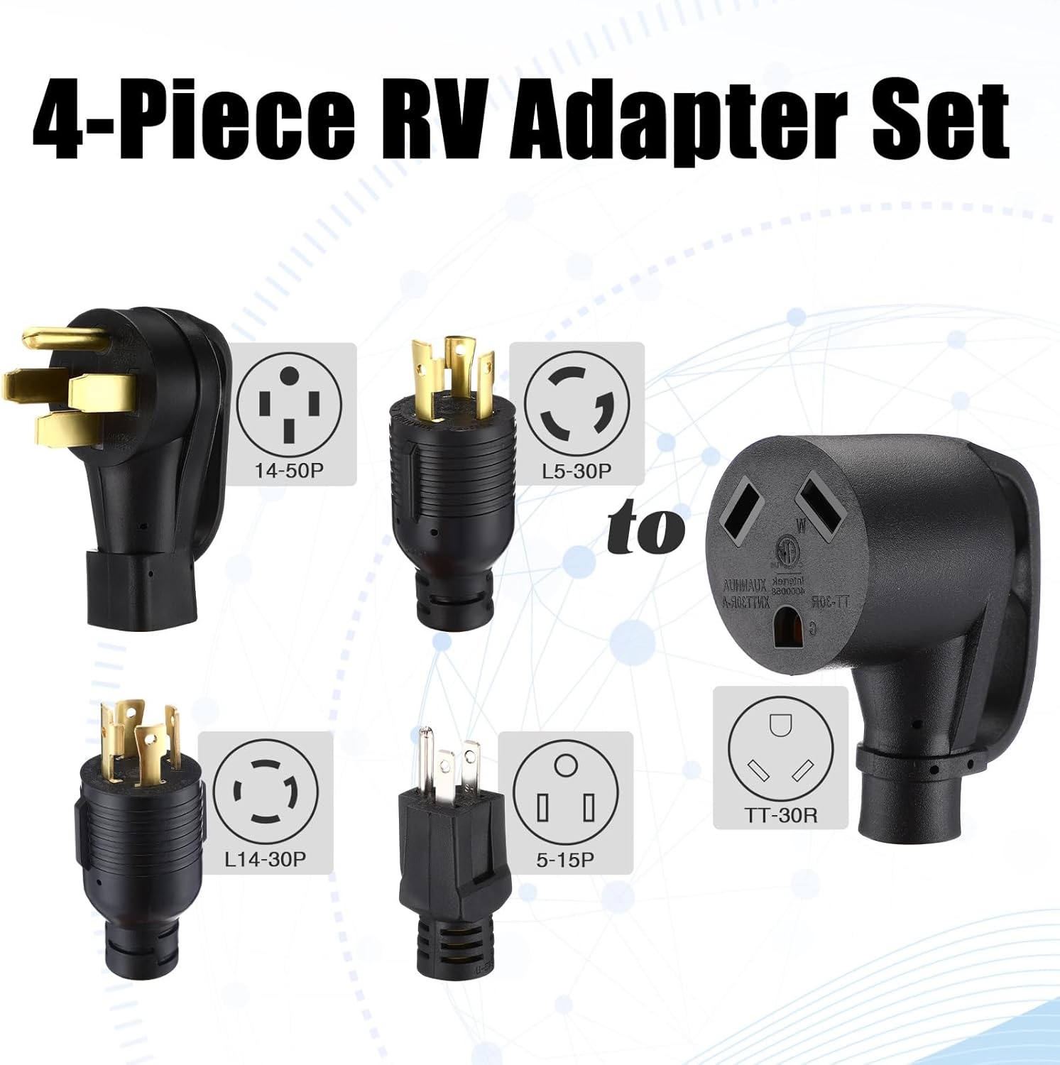 Kanayu 4 Pcs Rv Generator Adapter Cord Kit, 14-50p/5-15p/l14-30p/l5-30p to Tt-30r, 50a to 30a, 30a to 110v, 30amp Plug Adapter for Rv Camper Trailer STW 10 Awg, Etl Listed