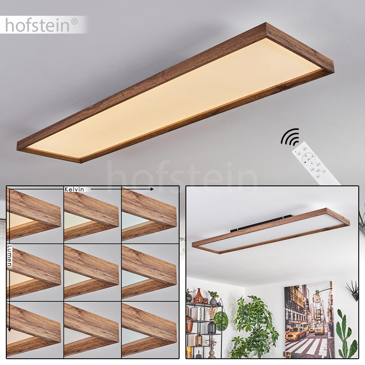 Plafón LED Longvic, plafón regulable de metal/MDF/plástico en negro/madera/blanco, 36 vatios, 350-4300 lúmenes, 2700-6500 Kelvin, 120 cm, regulable/cambio de color de la luz con mando a distancia
