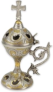 Deluxe Ornate Incense Burner - Ornate Christian Censer with Cross for Home or Church Use, 6.7 inch