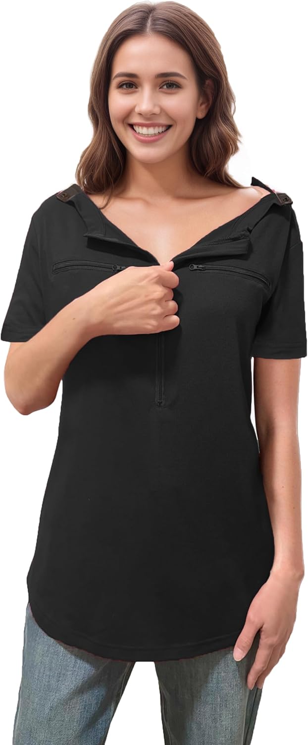 DOSWODE Chemo Port Shirts for Women 2 Side Snaps Short Sleeve Port Access Shirt Soft Dialysis Breast Cancer Recovery Clothing