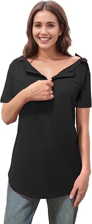 Chemo Port Shirts for Women 2 Side Snaps Short Sleeve Port Access Shirt Soft Dialysis Breast Cancer Recovery Clothing