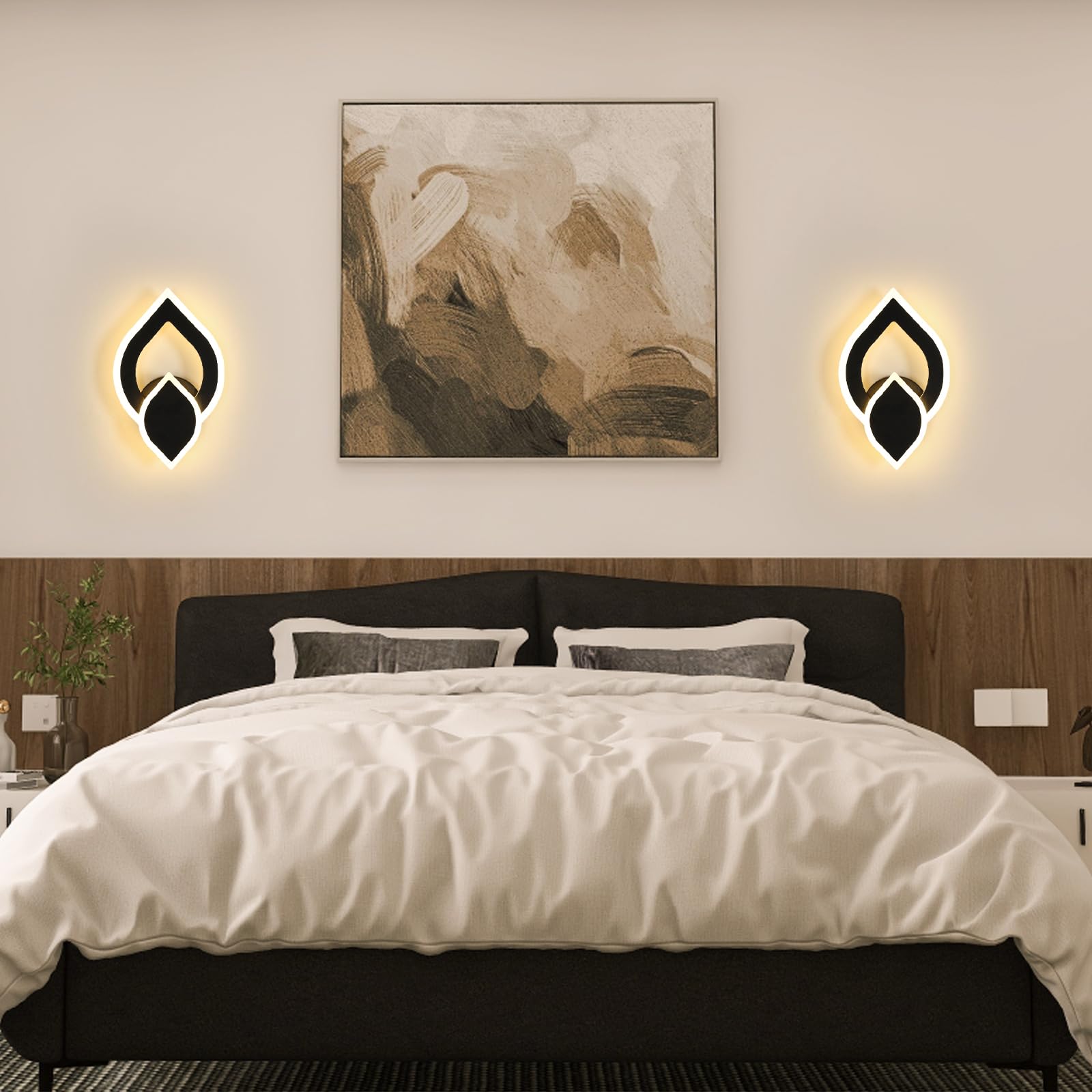 Applique da Parete Interno LED Nero, 2 Pezzi 16W 1800LM Lampada da Parete Camera da Letto, Lampada LED da Muro Moderno Cucina per Bagno Soggiorno Scale Corridoio, Luce Bianca Calda 3000K