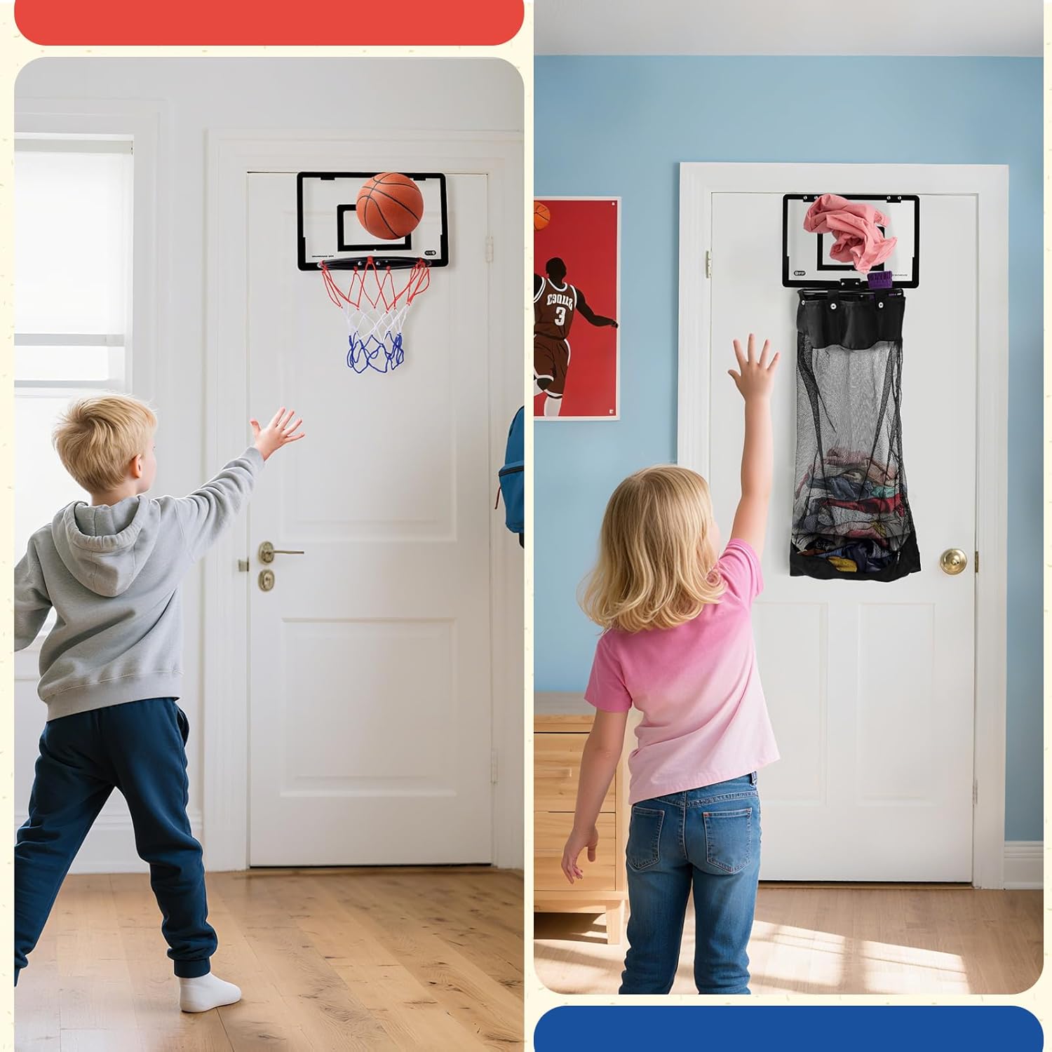 2-in-1 Over the Door Basketball Laundry Hamper and Basketball Hoop, Durable Hanging Sports Laundry/Clothes Basket with Hoop and a Bottom Zipper for Kids Teen Bedrooms, Dorm Rooms, Bathroom