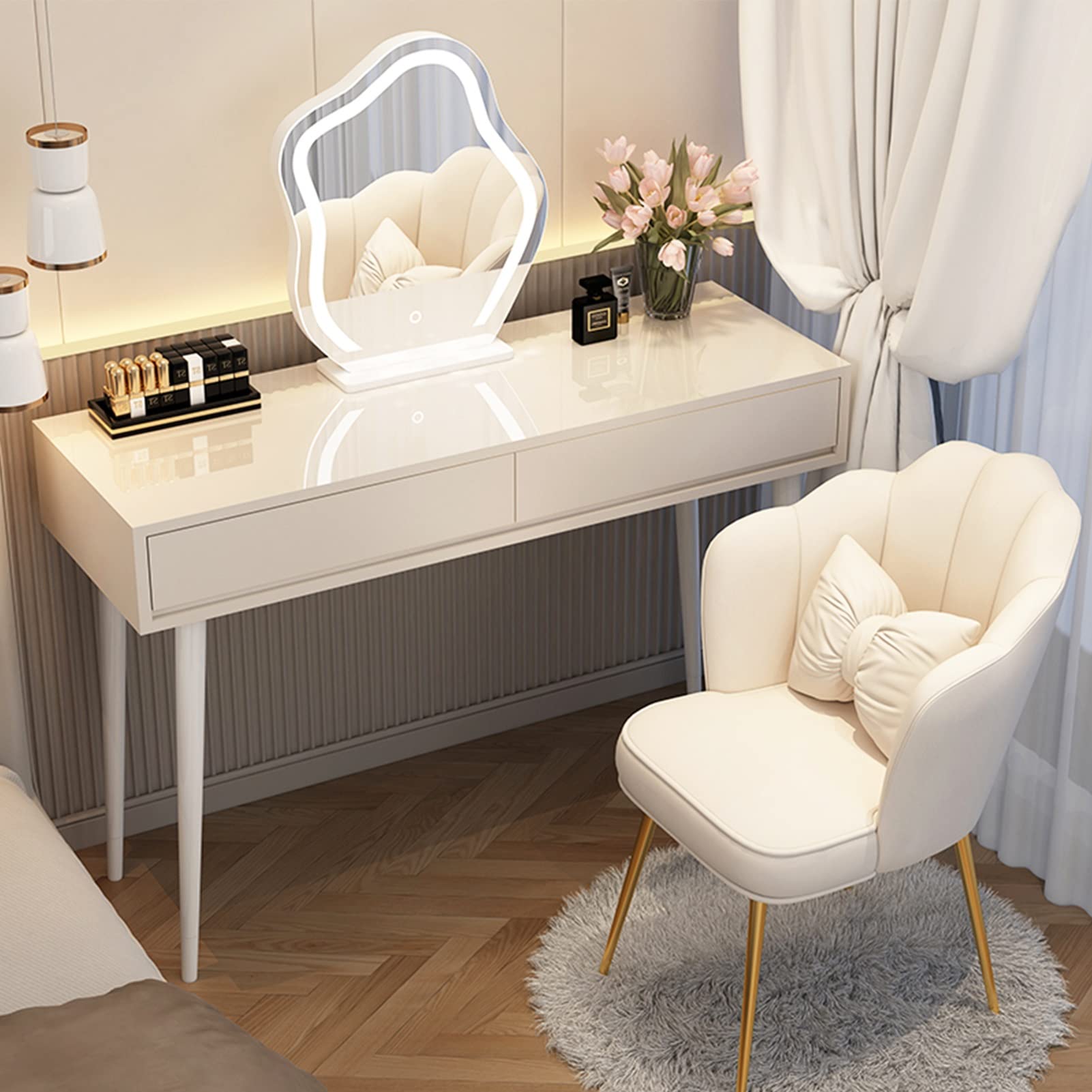 asdchZen Elegant Makeup Vanity Table With Led Lighted Mirror & Upholstered Stool, White & Grey Dressing Table For Bedroom, Spacious Drawers, 60Cm/23.6In,White a-120cm/47.2in