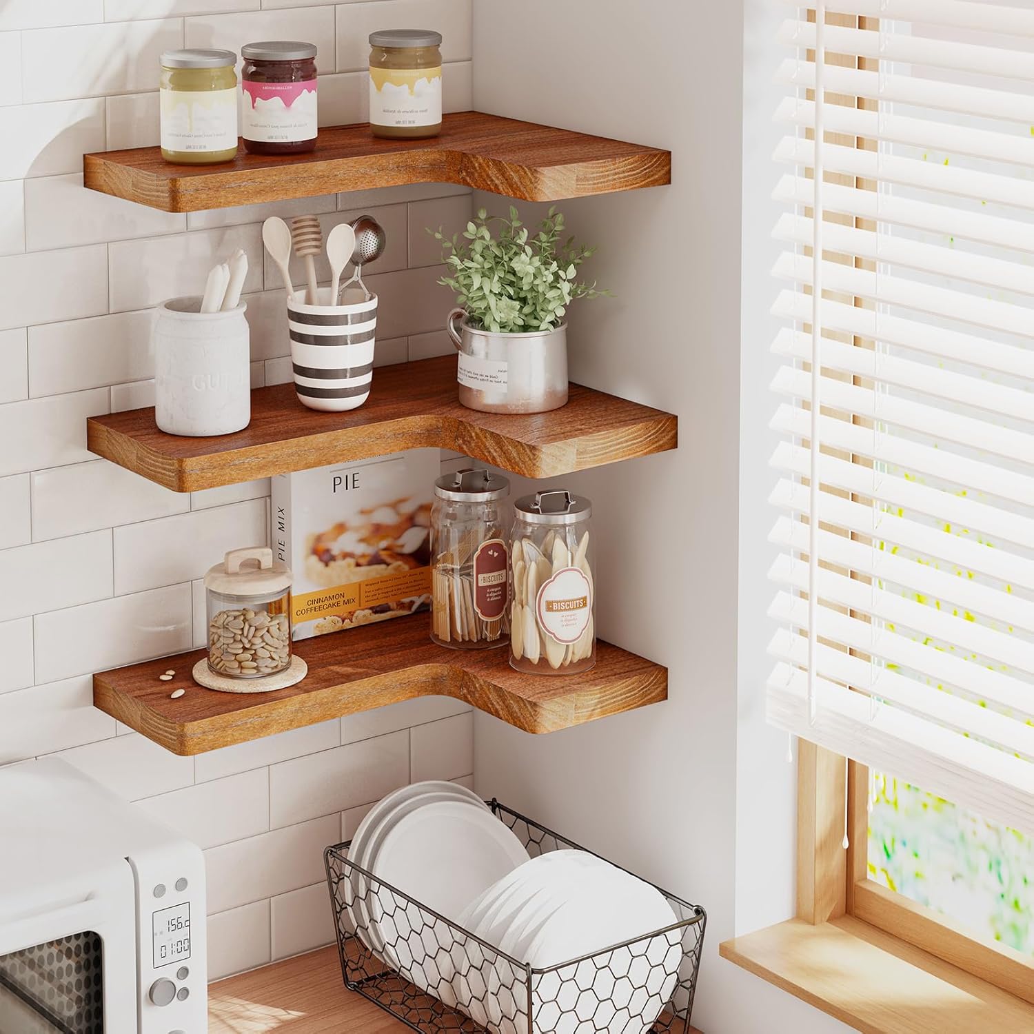 Fixwal Corner Floating Shelves for Wall Mounted Natural Solid Wood 16"x11.4" Farmhouse Home Decor Display Shelving Set of 3 (Rustic Brown)