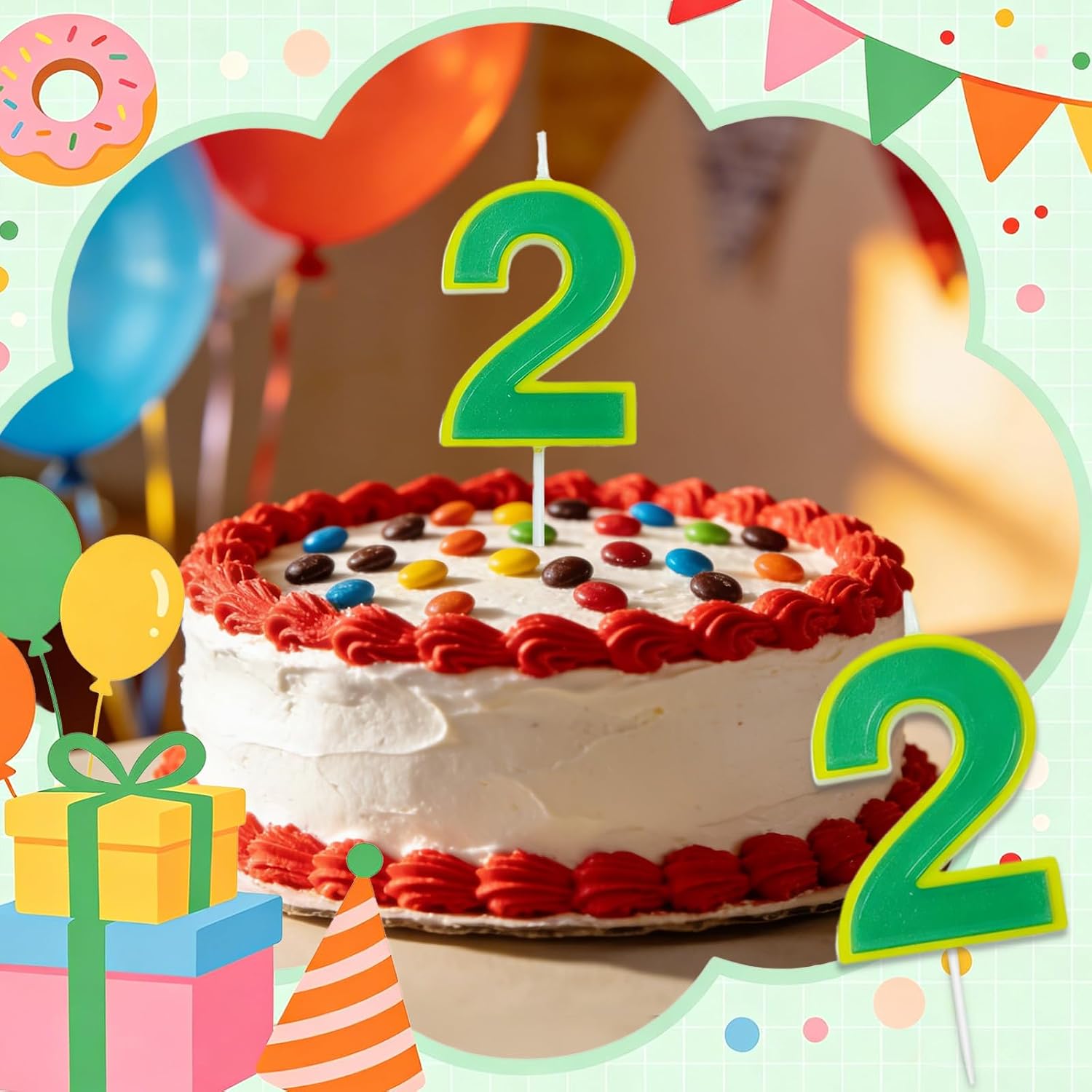 Number 2 Birthday Candles - Street Theme Cake Topper Yellow Green Party Decorations for Monster Cartoon Cake Candle for Boy Girl and Friend (Green 2)