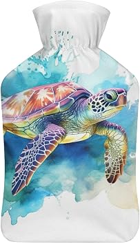 Hot Water Bottle with Soft Cover, Sea Turtle 1L Warm Water Bag for Menstrual Cramps, Ocean Animal Neck And Shoulder Pain Relief, Ideal for Hand & Feet Warmer for Kids, Men & Women, Hot & Cold Compress