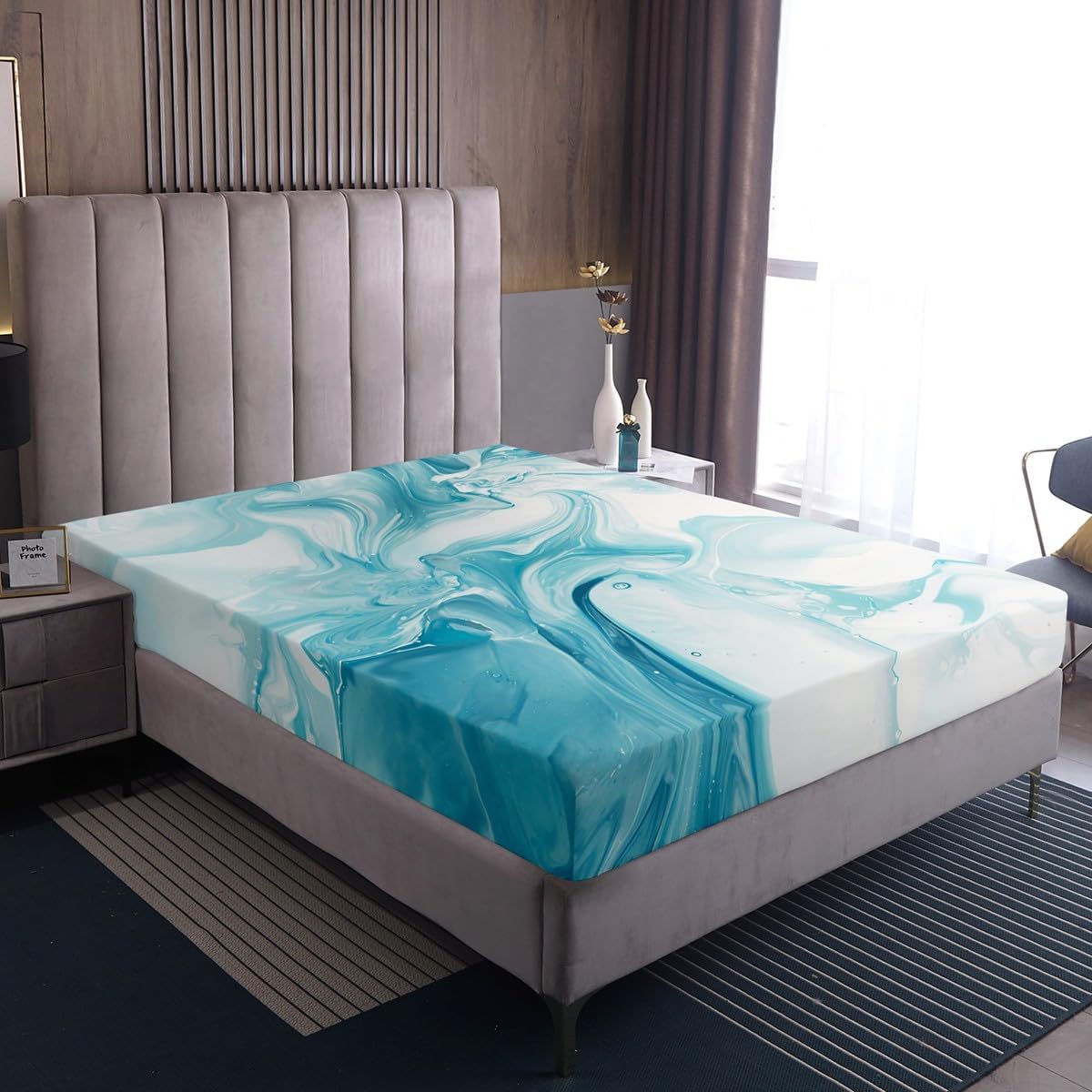 Erosebridal Marble Fitted Sheet - White Blue Marble Bed Sheets - Extra Soft Sheet Set- Deep Pockets - 1 Fitted Sheet, 1 Flat, 1 Pillow Cases - 3 Piece (Twin, White) Bedroom Livingroom Decor