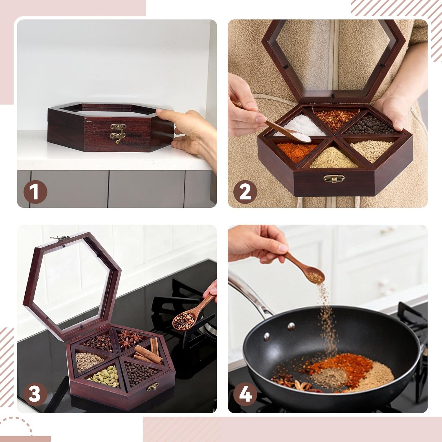 AceOrbit 8.7 x 7.5 Inch Wooden Spice Box with Wooden Spoon, Decorative Hexagon Masala Dabba Organizer with Glass Lid, Indian Spice Storage Container, Ideal for Seasonings & Herbs(Hexagon)