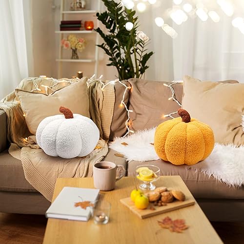 Miniatura 7 de Queekay 2 almohadas de calabaza de felpa de 11 x 9.5 pulgadas, decoración de calabaza rellena de Acción de Gracias para otoño, hogar, dormitorio,