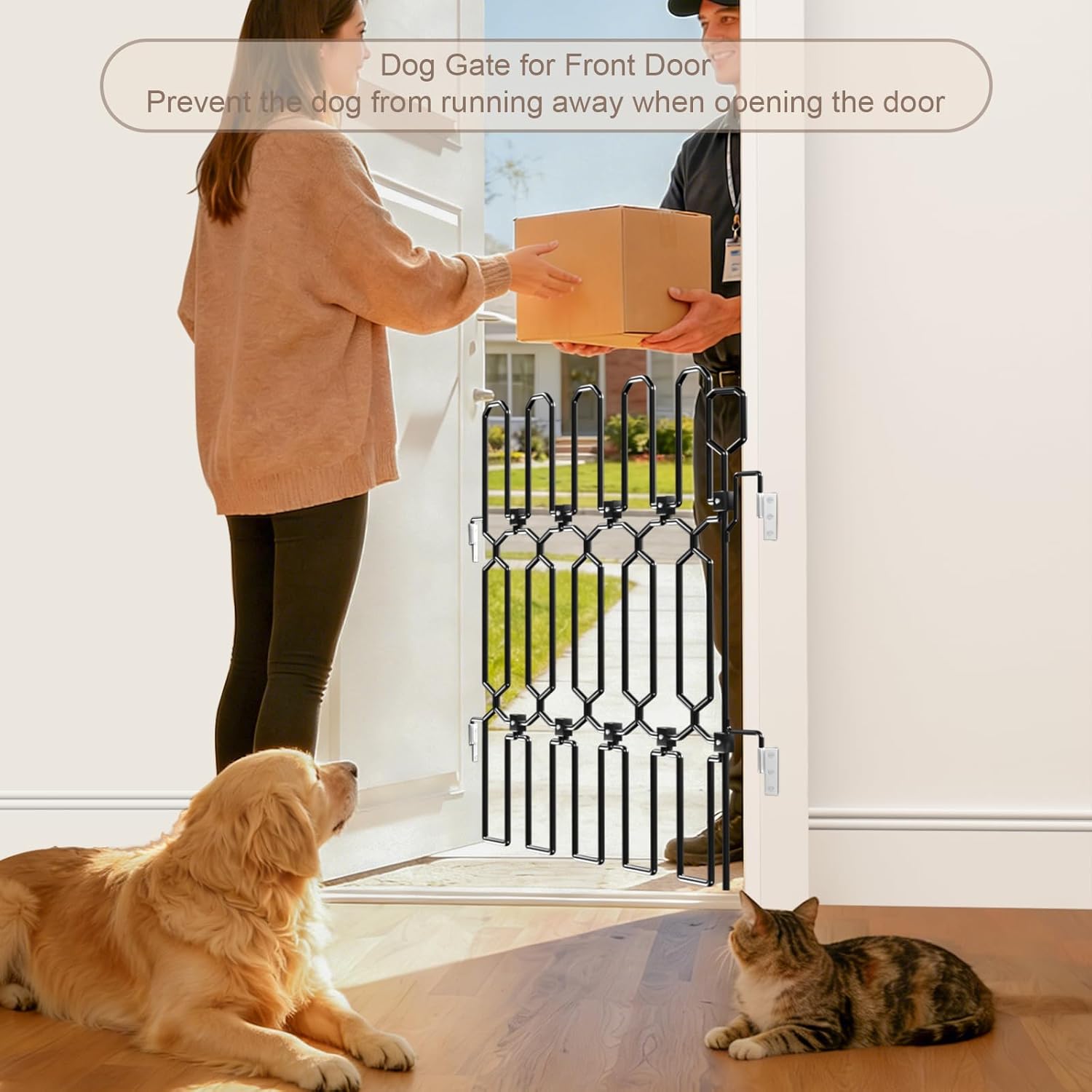 Retractable Metal Dog Gate for Front Doors & RVs, 25.5" Wide 30.7" Tall Bite-Proof Pet Dog Barrier, Space-Saving Wall-Mounted Front Door Gate for Indoor Use