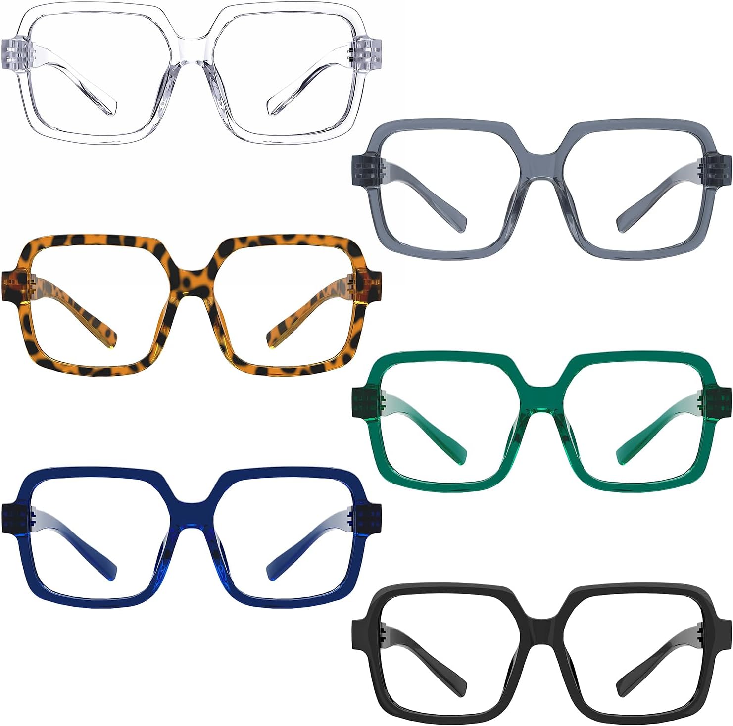 Eyekepper 6 Pack Metalless Screwless Spring Hinges Blue Light Blocking Reading Glasses Oversized Square Computer Readers for Men Women +2.50